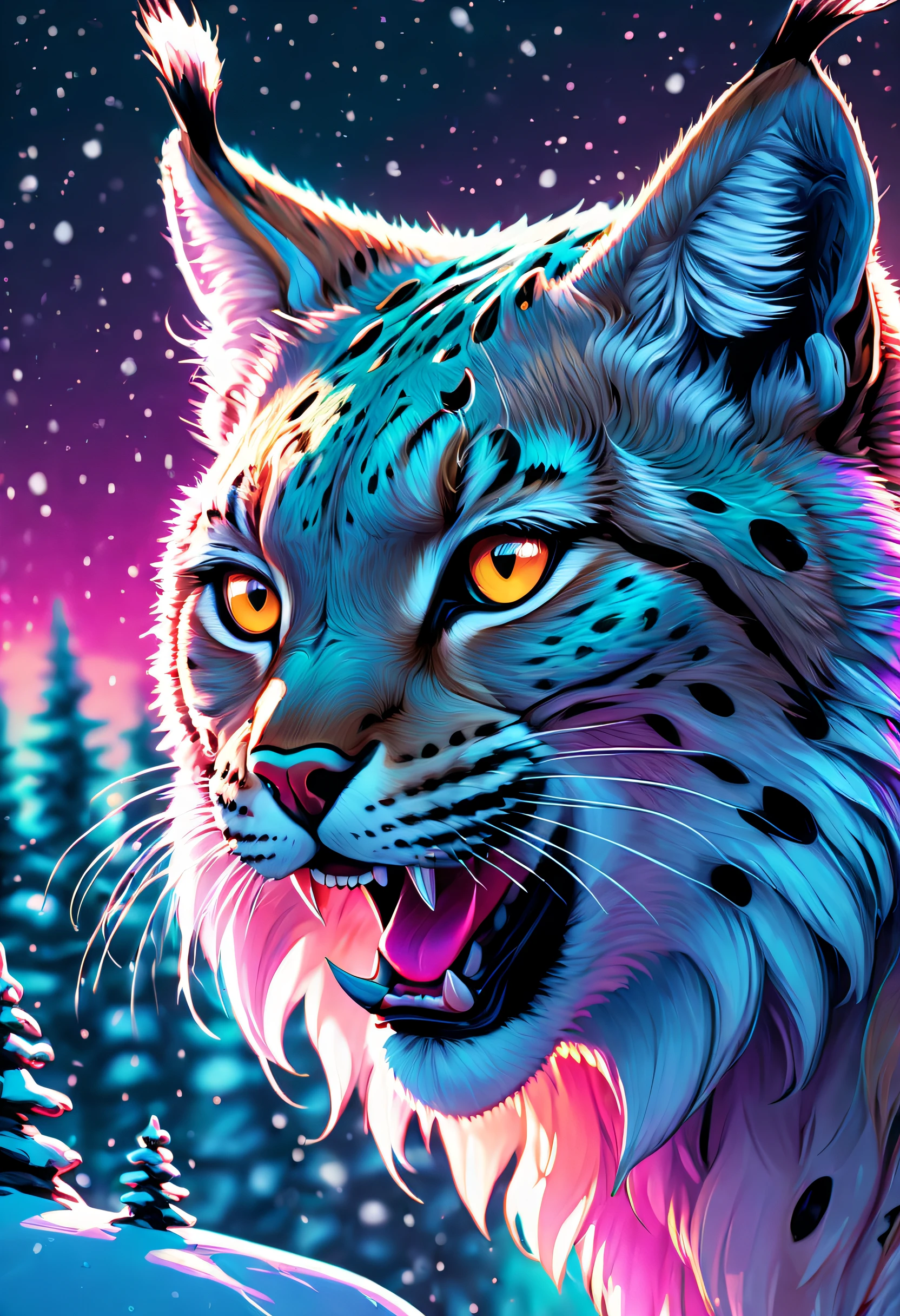 dream illustration, fairytale, oil painting, 8k, HD, a large lynx roaring, background, beautiful snowy forest, floating snowflakes, snow storm, HD, golden, light cyan, light teal, magenta red, light purple, moonrise colors, night time lighting atmosphere (digital drawing:1.2), Comic style, toon style, illustrative funk, retrowave graffiti, perspective view, extreme face close-up, T-Shirt Graphic, ultra hd, realistic, vivid colors, highly detailed, UHD drawing, pen and ink, perfect composition, beautiful detailed intricate insanely detailed octane render trending on artstation, 8k artistic photography, photorealistic concept art, soft natural volumetric cinematic perfect light