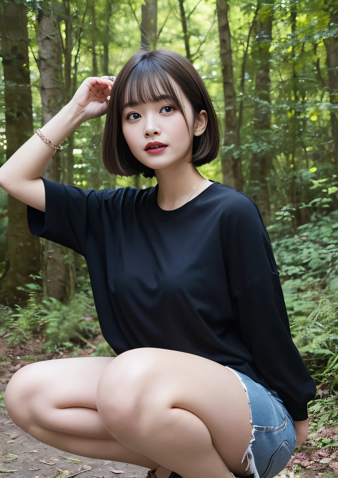 finely detail, hight resolution, hightquality、Perfect dynamic composition, Beautiful detailed eyes, Bob Layer Cut、In the deep forest、Trees are visible、sideways Facing、long legged、Squatting、From below、long legged、Natural Color Lip, 28-year-old woman、1 persons、Transparent skin、Glowing hair、Fashionable clothes、Shibuya、、28 year old、Black T-shirt with long sleeves、Jeans shorts、Shake your head、Laugh