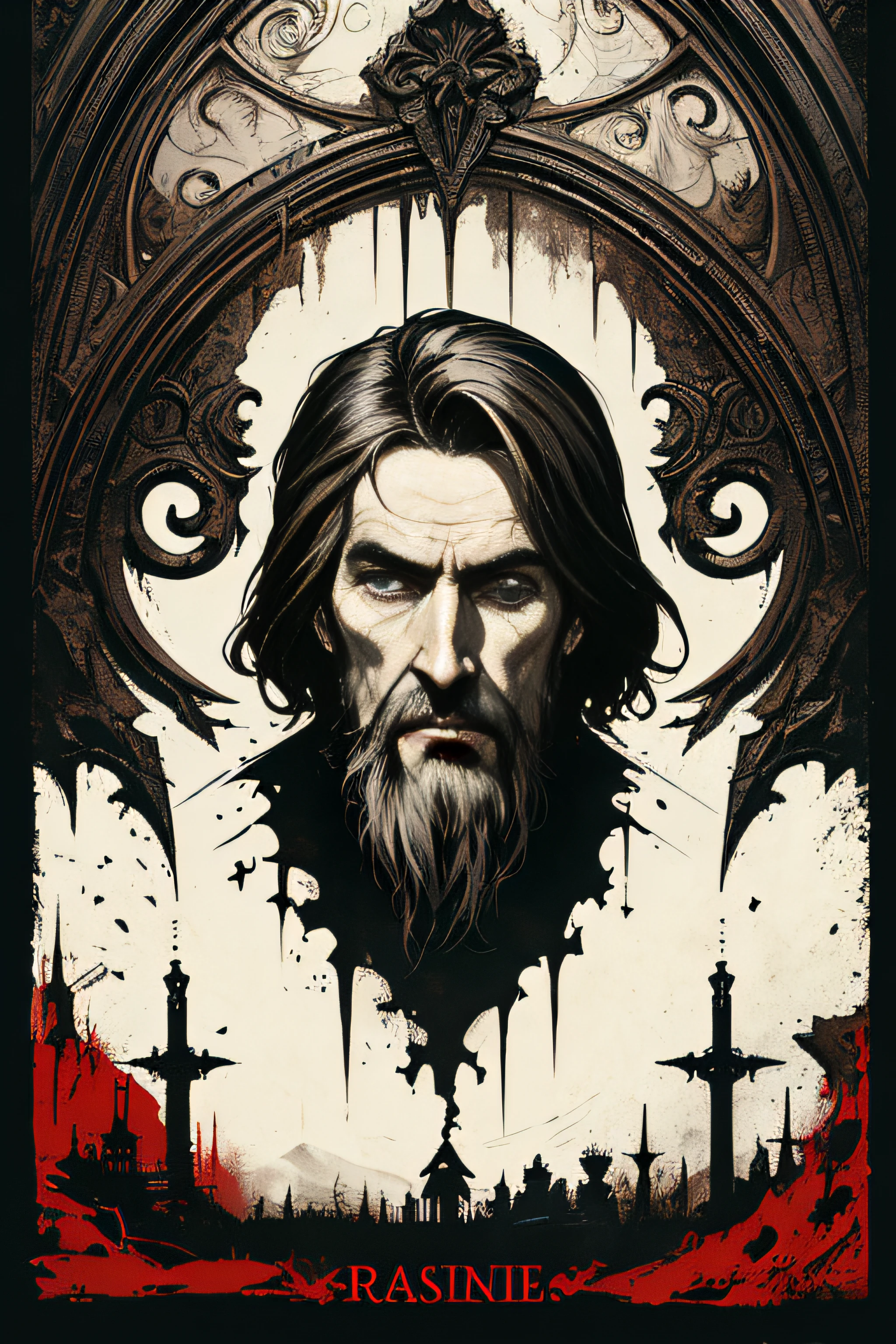 (Masterpiece, Best Quality), 8k Wallpaper, highly detailed, poster, Rasputin, The Mad Monk, Christopher Lee, gothic, horror, Russia, horror thriller cinematic movie poster, German expressionism, shapes, lines, abstract, propaganda, gothic, movie poster, vintage, in the style of frank frazetta, low-angle shot.