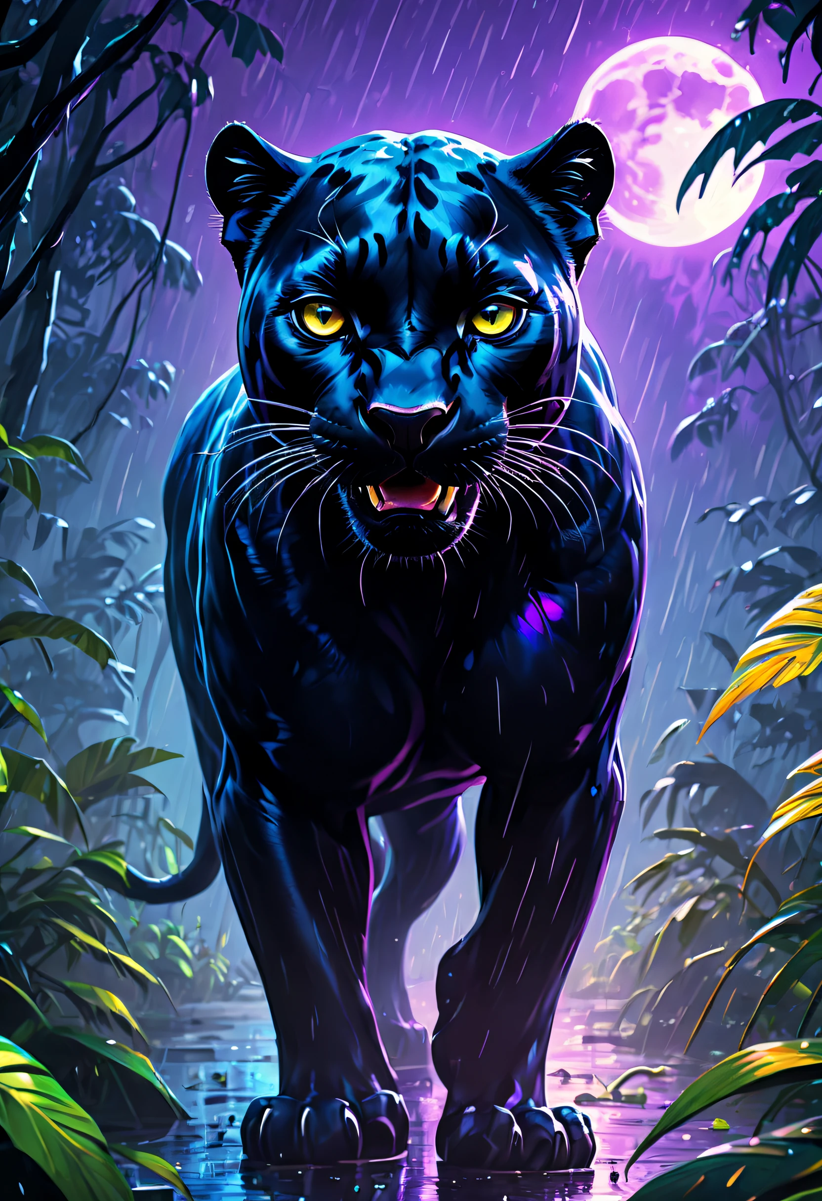dream illustration, fairytale, oil painting, 8k, HD, a large black panther roaring, background, rain storm, beautiful lush rainforest, HD, golden, light blue, light purple, moonlight colors, full moon, cold lighting atmosphere (digital drawing:1.2), comic style, toon style, illustrative funk, retrowave graffiti, perspective view, extreme face close-up, t-shirt graphic, ultra hd, realistic, vivid colors, highly detailed, UHD drawing, pen and ink, perfect composition, beautiful detailed intricate insanely detailed octane render trending on artstation, 8k artistic photography, photorealistic concept art, soft natural volumetric cinematic perfect light
