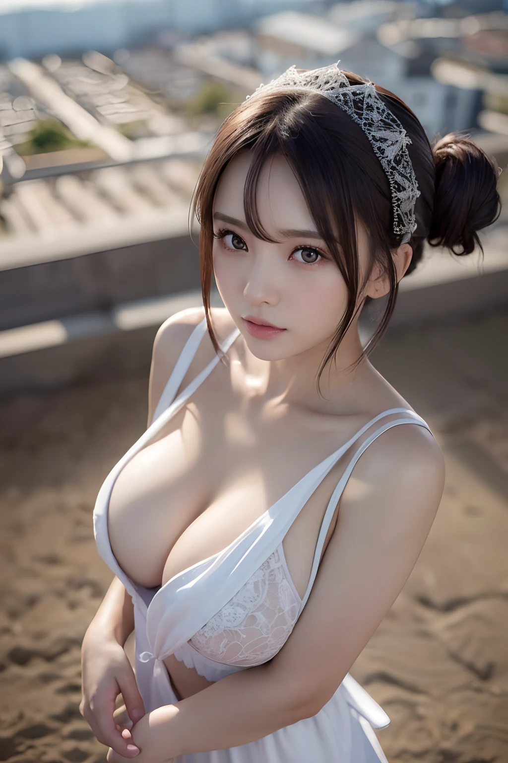 Innocent 20 year old girl、((Maids, A dark-haired, ,pinafore, Maid headdress, Single hair bun, Hair buns, maid apronl, Dramatic poses)),Smile,Sandy beach background,short-cut、Raw photo, (8K、top-quality、​masterpiece:1.2)、(intricate detailes:1.4)、(Photorealsitic:1.4)、octane renderings、Complex 3D rendering ultra detail, Studio Soft Light, Rim Lights, vibrant detail, super detailing, realistic skin textures, Detail Face, Beautiful detail eyes, Very detailed CG Unity 16k wallpaper, make - up, (detailedbackground:1.2), shinny skin, Full body,Hands down、Be undress、cleavage of the breast