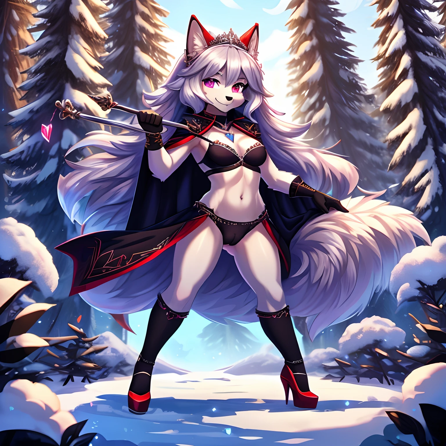 Meisterwerk, best qulaity, high details, she-wolf with white fur, perfekte rosa augen, cute young face, weisse mittelkurze haare, silbernes diadem mit rubin in der mitt auf dem kopf, Black bra, black panties, camel toe, silver staff with a heart gem on top in hand, black cape, a silver belt with a heart gem, red high heels, standing straight upright, snowy forrest in the background