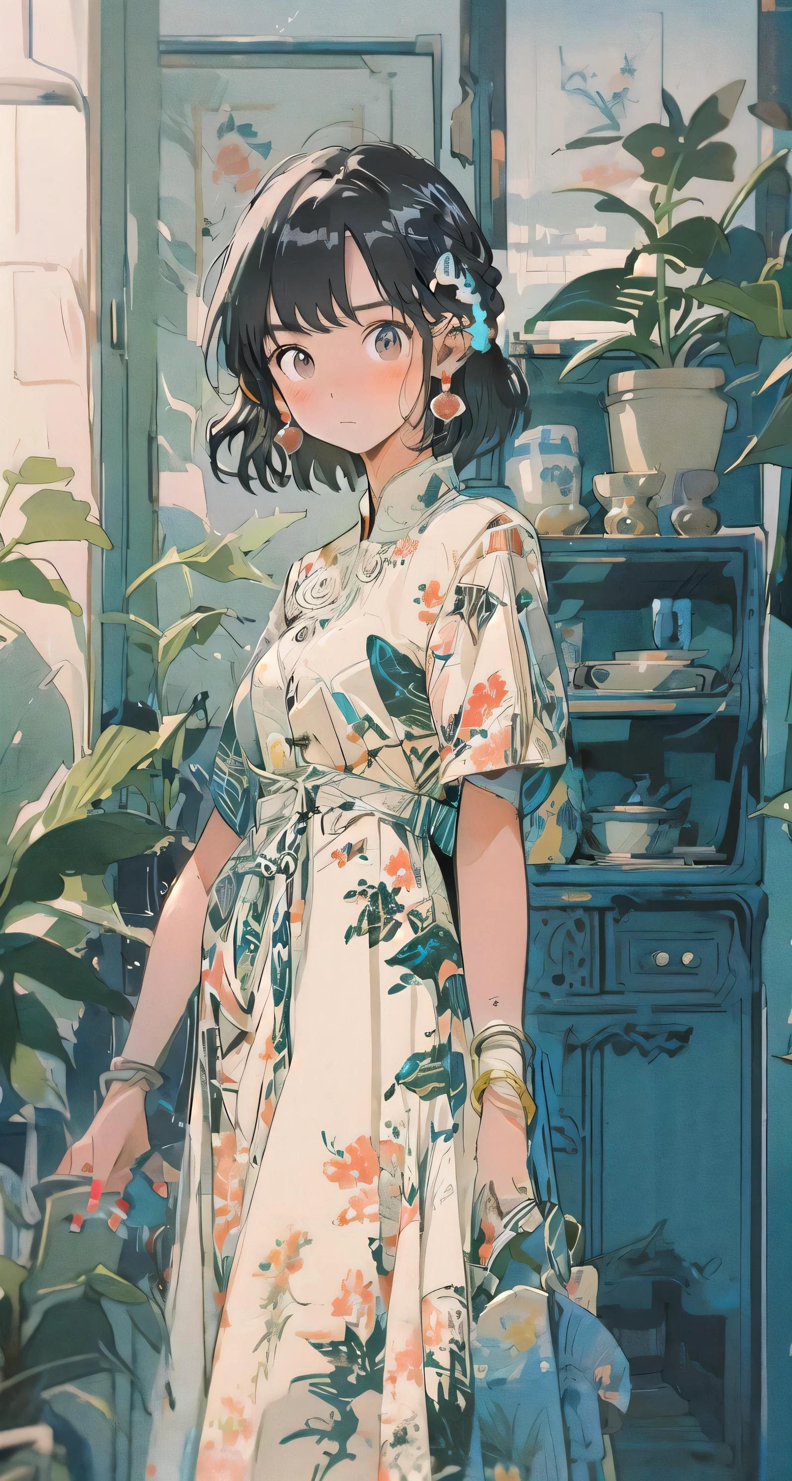 1girl, plant, solo, jewelry, earrings, potted plant, black hair, dress, looking at viewer, short sleeves, bangs, blush, brown eyes, floral print, indoors, bracelet, standing, shelf, short hair, hair ornament, print dress, nail polish, blue dress, medium hair, braid, chinese clothes, closed mouth