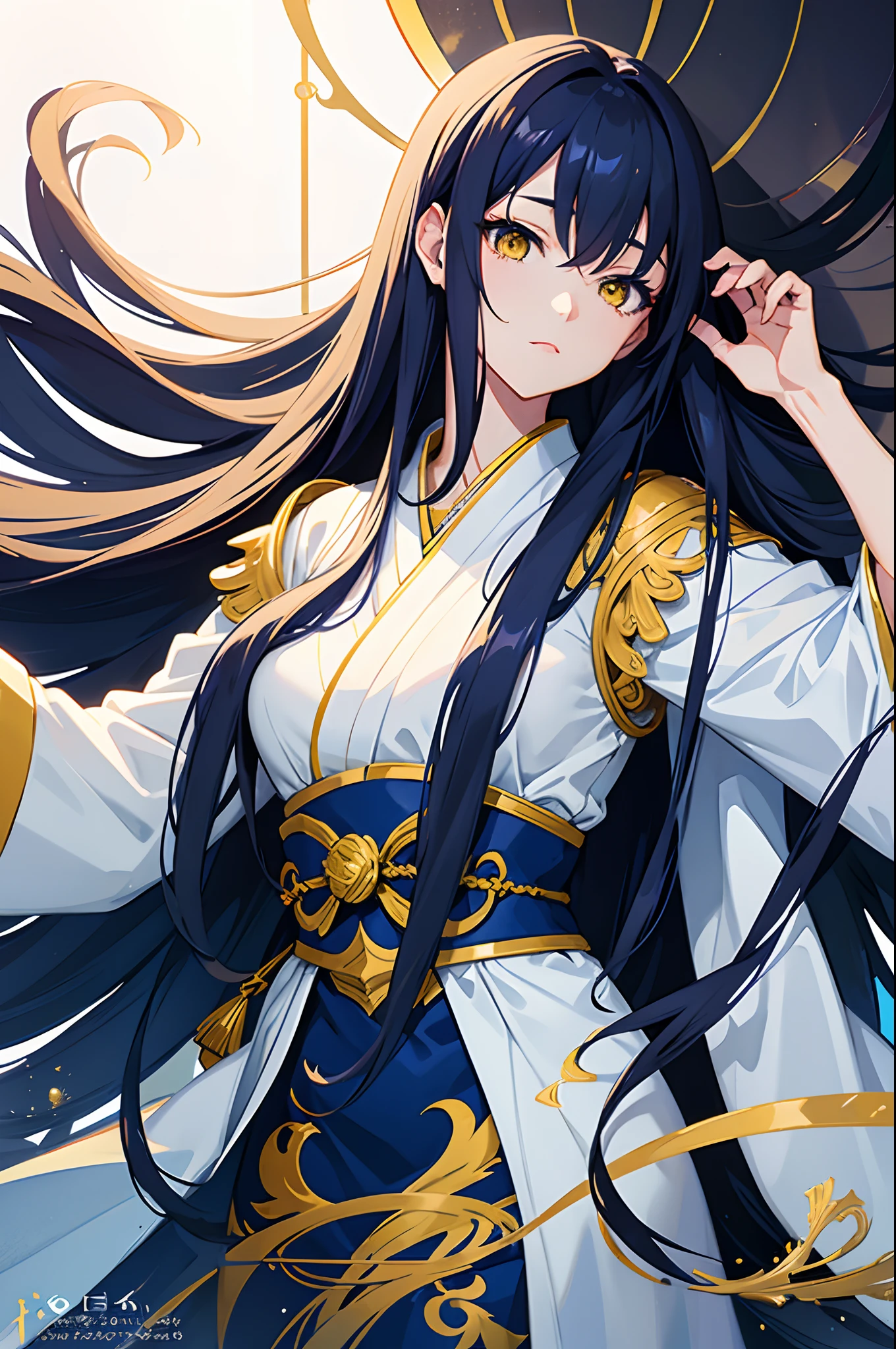 Cover magazine, anime, woman, solo, long hair, dark blue hair, yellow eyes, model, beautiful, upper body potrait, fantasy, lady, princess, in Japanese style, white kimono, soft smile