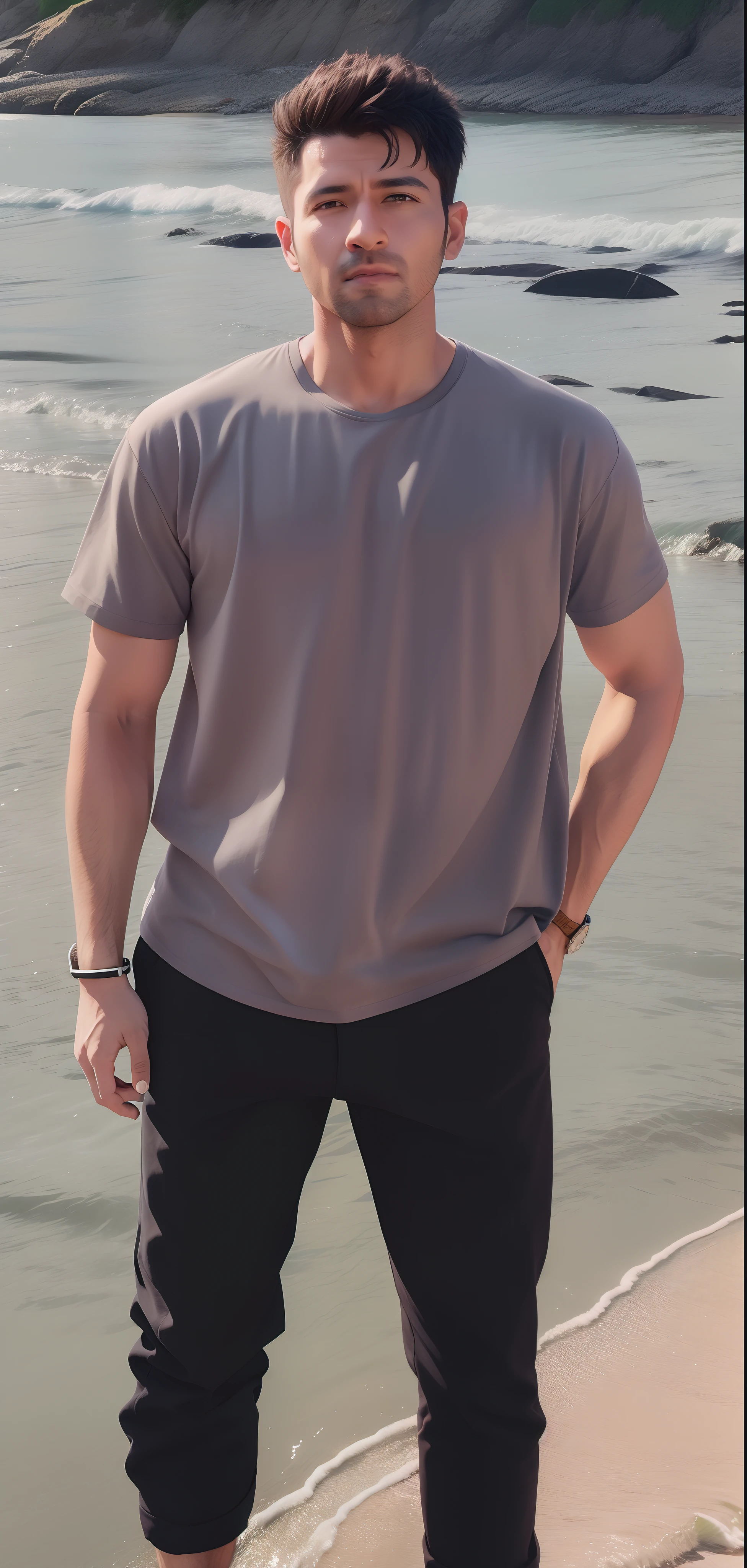 arafed man standing on a ledge next to a river, standing at the beach, standing next to water, standing near the beach, gray shirt, wearing a t-shirt, distant full body shot, standing on a beach, at a beach, wearing pants and a t-shirt, close up half body shot, beach pic, centered full-body shot