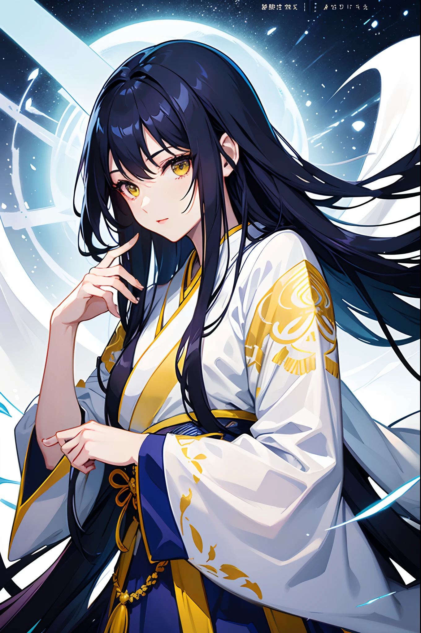 Cover magazine, anime, woman, solo, long hair, dark blue hair, yellow eyes, model, beautiful, upper body potrait, fantasy, lady, princess, in Japanese style, white kimono, soft smile