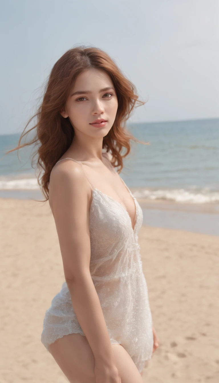 Superior Quality、masterpiece、portrait of a full body、(Photorealista:1.4)、Kuru Photos、a、Detailed facial texture、Cool summer beach without bikini、