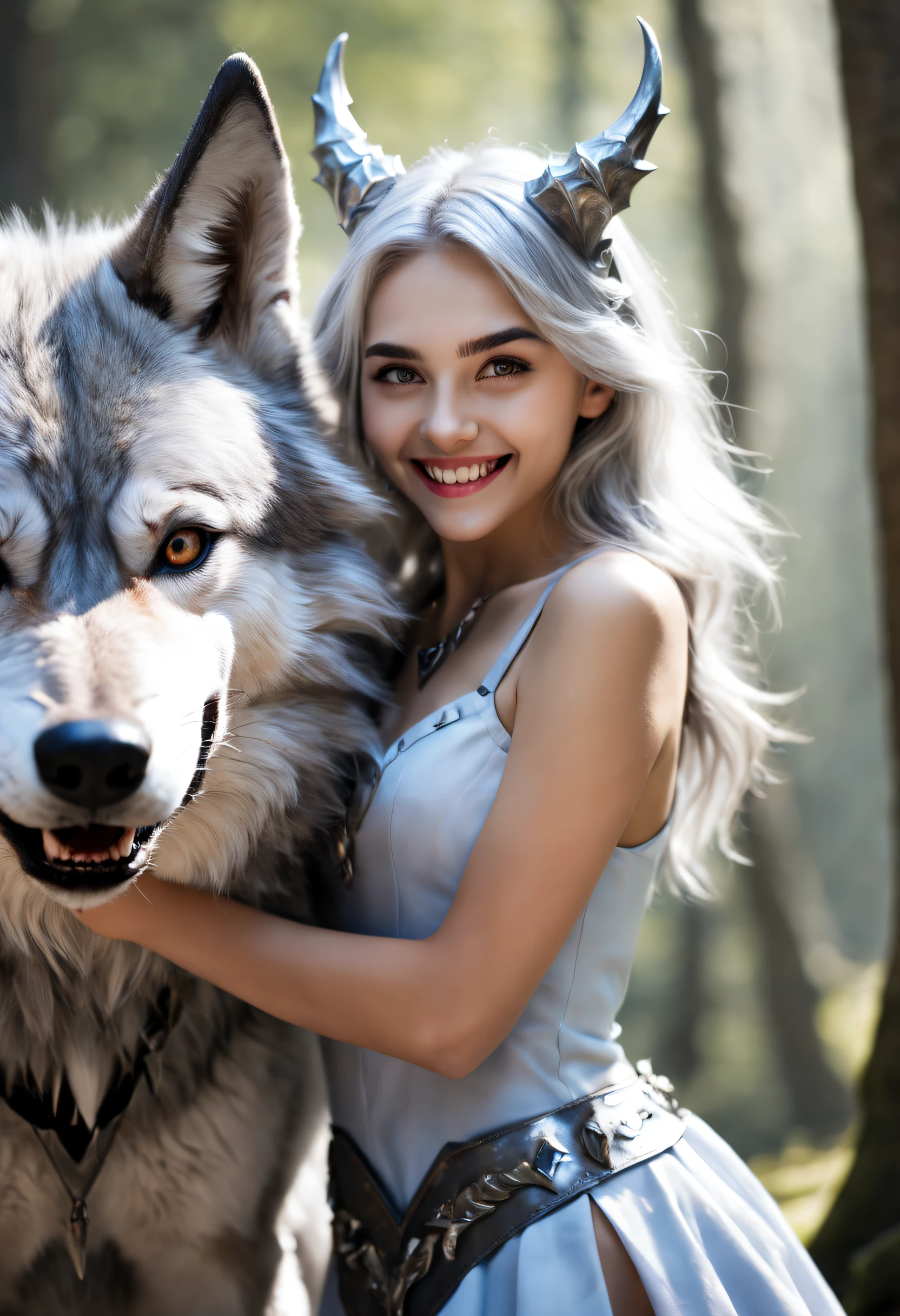 Beautiful 8K Ultra HD professional photos, Sharp focus, In a stunning fantasy world, A cute silver-haired girl，There are real demon horns and a mysterious 1 giant wolf, A joyful smile, In bright natural light
