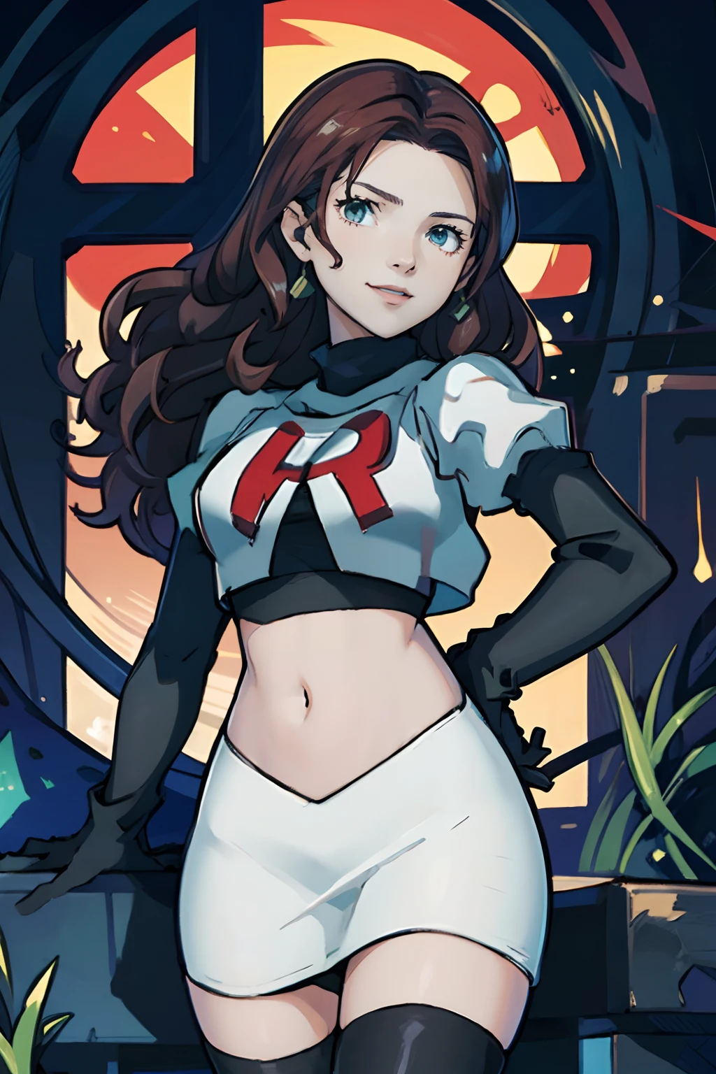 face of Dorothea (Fire Emblem: Three Houses),1girl,team rocket,team rocket uniform, red letter R, white skirt,white crop top,black thigh-highs,black elbow gloves, evil smile