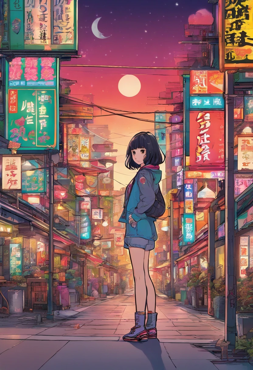Set the scene in a cool urban night setting of a Japanese city. The cityscape should be vibrant and buzzing with life, showcasing neon lights and tall buildings.
In the foreground, feature a girl with a direct gaze, ensuring her eyes are focused straight ahead.
She should be wearing a hat and have a short haircut.
The illustration style should resemble that commonly found in Japanese manga, with intricate details and a heavy influence of Japanese subculture.
Make the colors of the image rich and vivid, emphasizing the colorful city lights and the girl's outfit.
The overall image should exude a strong influence of Japanese subculture, possibly including elements like anime billboards, street fashion, or iconic landmarks in the background.