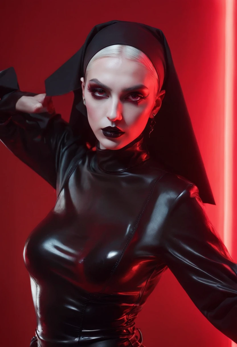 Sexy demon nun dressed in latex lingerie posing for a photo, red neon lights, red background, darksynth aesthetic, fetish fashion aesthetic, perfect body, sexy nun, demon woman, gothic fashion, goth aesthetic, vampire aesthetic.