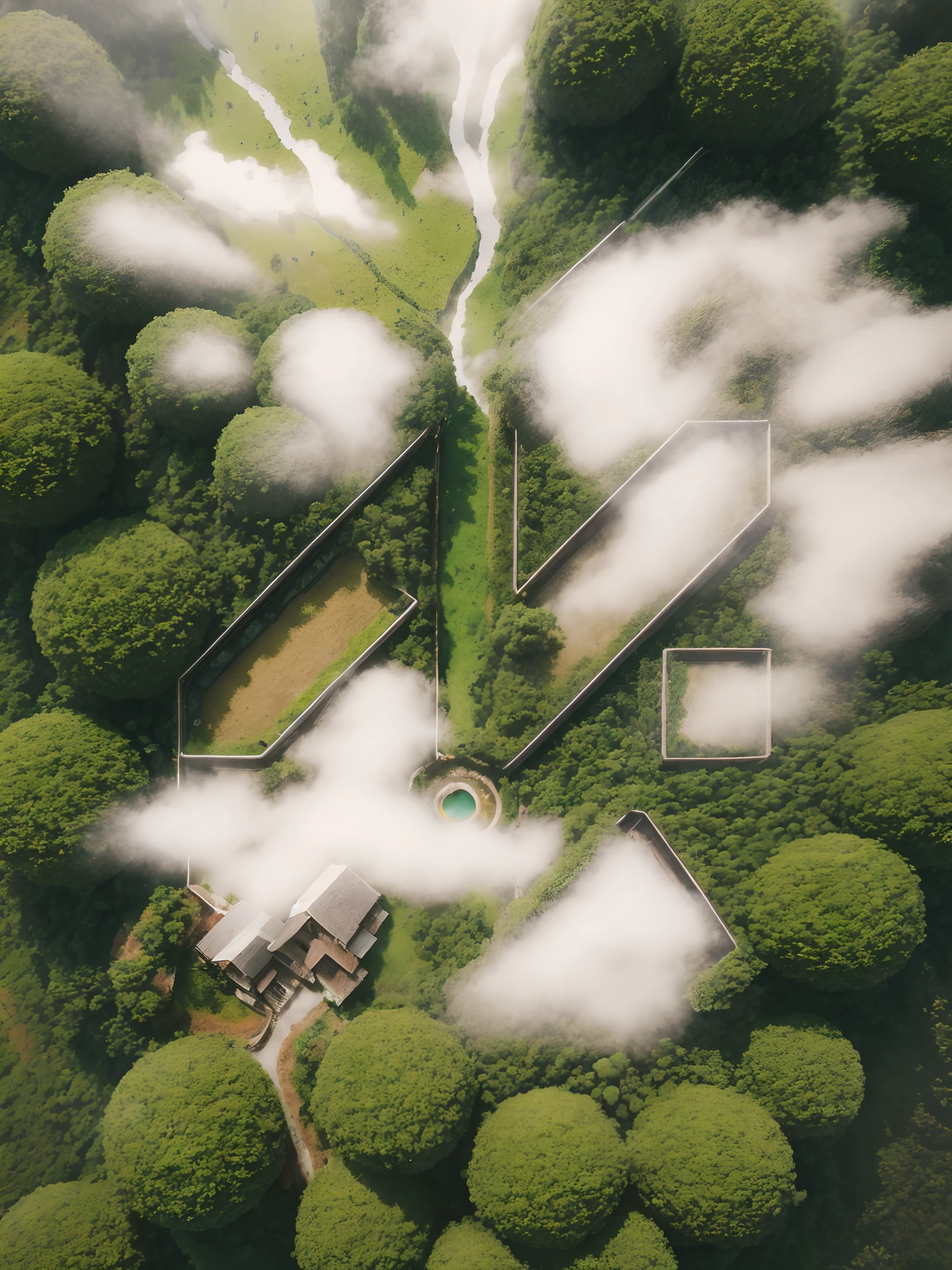 materpiece,Best quality,Top view,bird's eyes view,in a spring,((tea plant)),Mountains,undulation,Dense tea trees,house,Surrounded by mist,Real,The foggy landscape of forest trees is almost impenetrable,Small rivers,