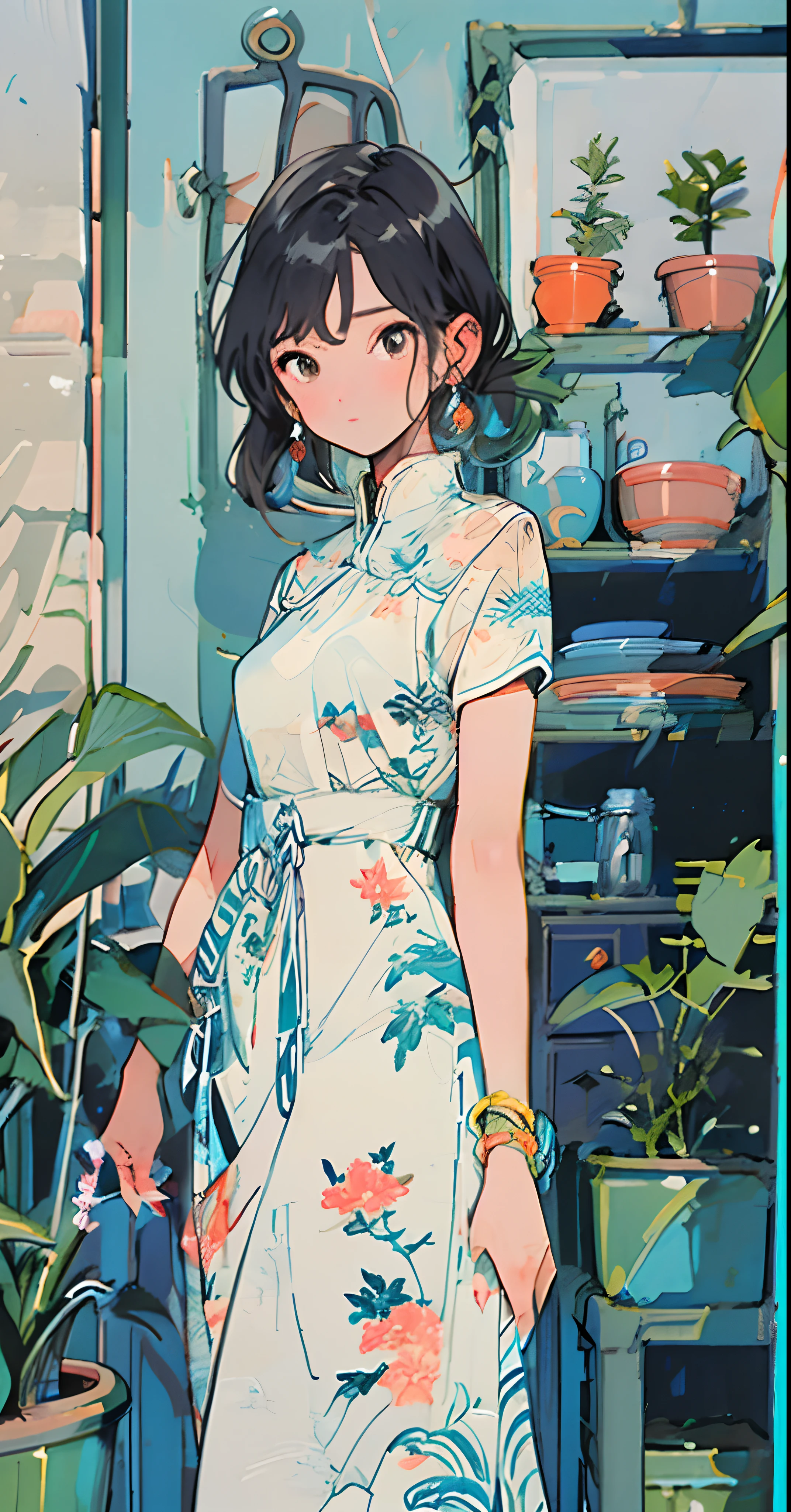 1girll， a plant， 独奏， jewely， 耳Nipple Ring， Plants in pots， brunette color hair， shift dresses， looking at viewert， short- sleeved， By bangs， Blushlush， with brown eye， Estampados florales， inside in room， bangle， standing on your feet， shelf， short detailed hair， hair adornments， Printed dress， nail polish， a blue dress， mid hair， pigtails， Chinese clothes， Keep one's mouth shut， Have by the sea