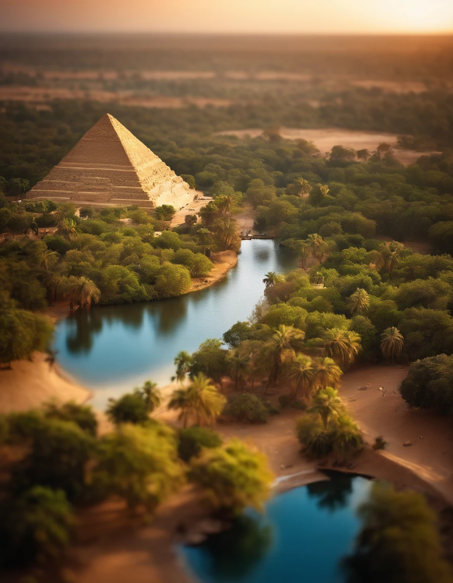 (tilt-shift), Egypt pyramids, forest, river