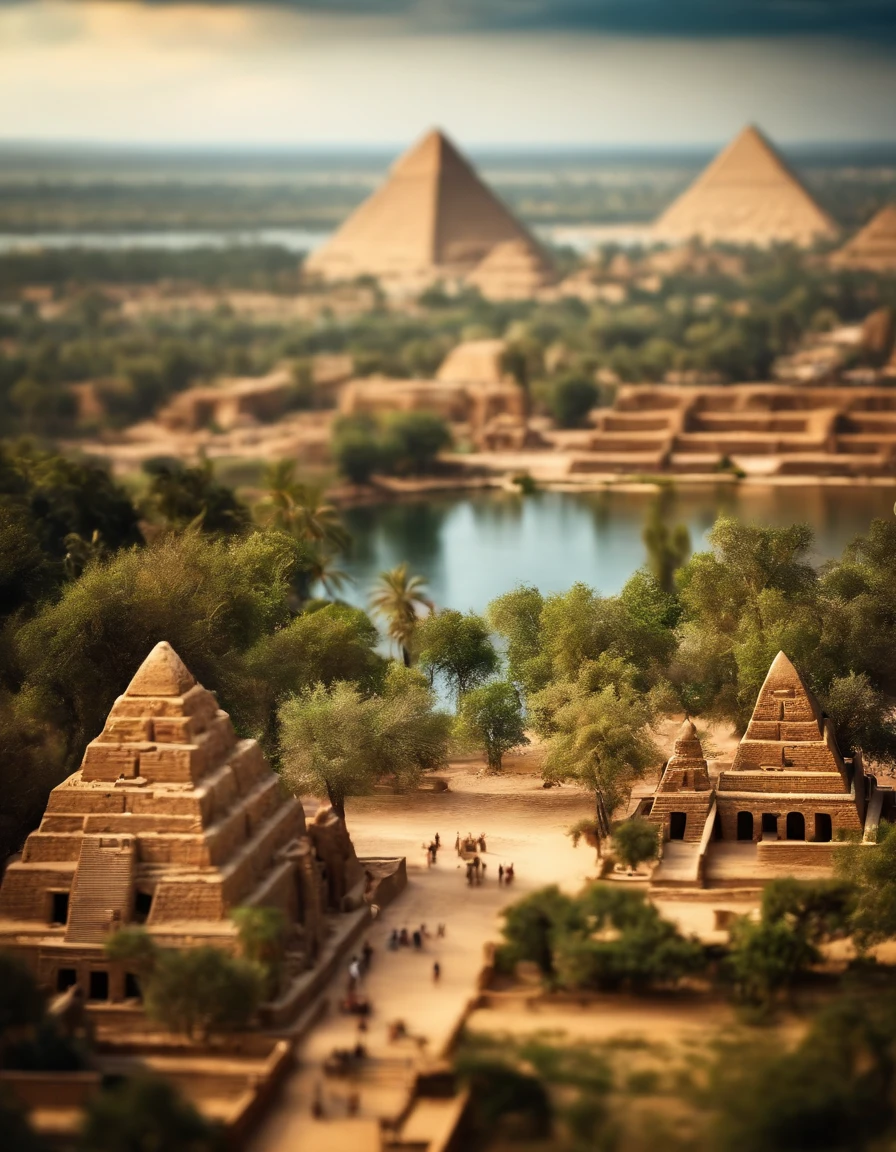 (tilt-shift), Egypt pyramids, forest, river