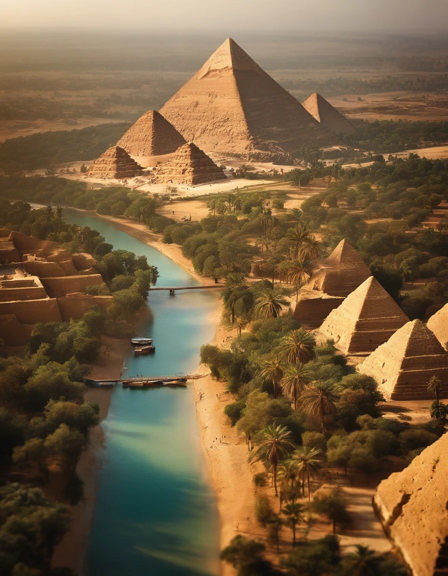 (tilt-shift), Egypt pyramids, forest, river