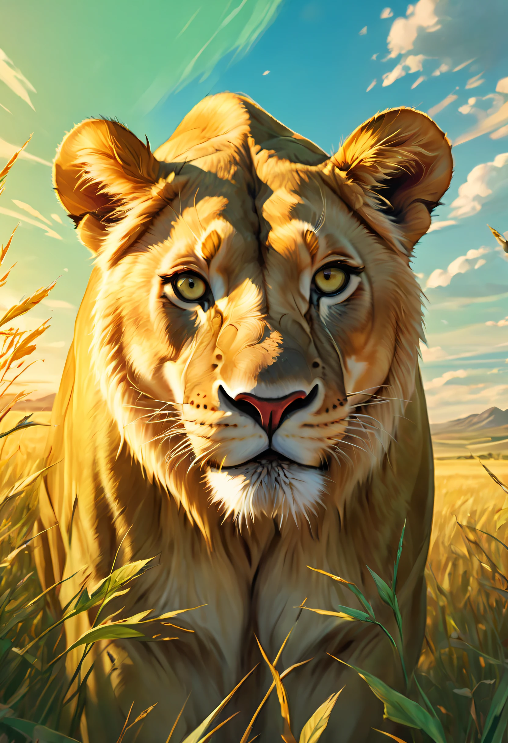 Dream illustration, fairytale-like, Oil painting, 8K,k hd, A large lioness roared, Background, Beautiful prairie plains, HD, Golden, Light yellow, Light blue-green, carmine, verde claro, sunrise colors, Golden light atmosphere (Digital drawing:1.2), Comic style, ToonYou Style, Illustrative funk, Counterwave graffiti, Perspective view, Extreme Face Close-Up, tee shirt graphic, Ultra HD, Realistic, Vivid colors, Highly detailed, Ultra HD drawing, pen and ink, Perfectcomposition, beautiful detailed intricate insanely detailed octane render trending on artstation, 8K Art Photography, Arte conceptual fotorrealista, soft natural volumetric cinematic perfect light