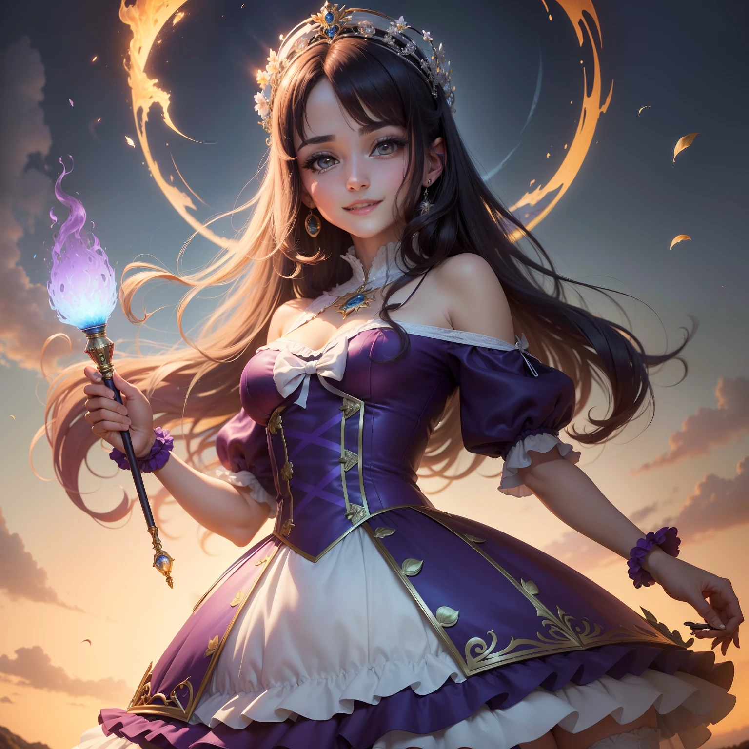 Absurdo, A high resolution, (Estilo anime:2((best quality)), (ultra-detalhado), (Beautiful), sozinho, beautiful face,、Em frente a um castelo grande e elaborado、Vestido de princesa bonito、vestido roxo、(Cabelo cor castanho, ),(olhos castanhos,)Ver o visualizador,Reflexo da lente, sorrindo,(vestir:1.3)、Vire-se pra frente,Magic rod in hand,de corpo inteiro