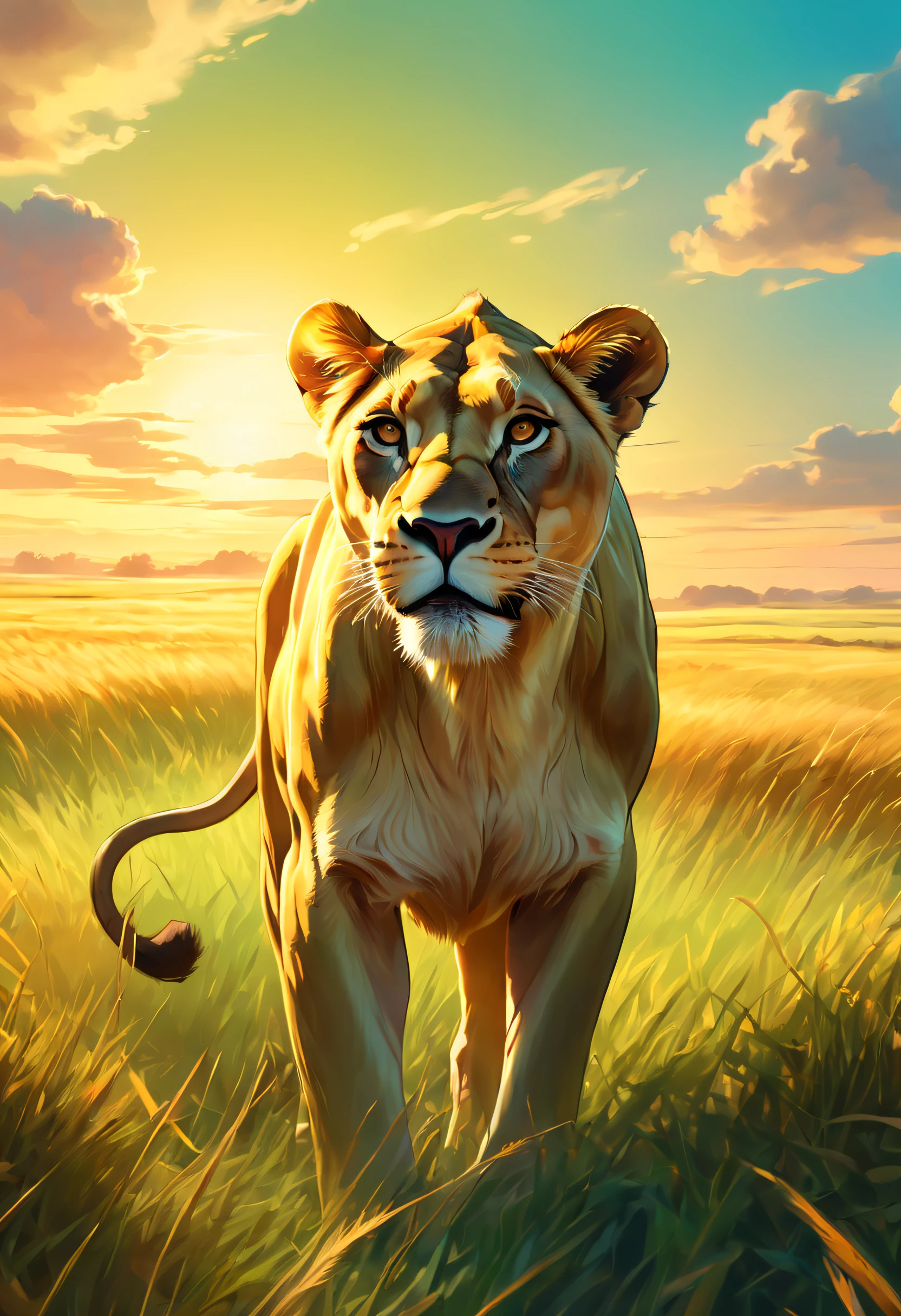Dream illustration, fairytale-like, Oil painting, 8K,k hd, A large lioness roared, Background, Beautiful prairie plains, HD, Golden, Light yellow, Light blue-green, carmine, verde claro, sunrise colors, Golden light atmosphere (Digital drawing:1.2), Comic style, ToonYou Style, Illustrative funk, Counterwave graffiti, Perspective view, Extreme Face Close-Up, tee shirt graphic, Ultra HD, Realistic, Vivid colors, Highly detailed, Ultra HD drawing, pen and ink, Perfectcomposition, beautiful detailed intricate insanely detailed octane render trending on artstation, 8K Art Photography, Arte conceptual fotorrealista, soft natural volumetric cinematic perfect light
