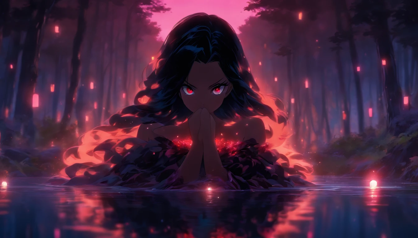 a girl, long black hair, red eyes, brown skin, black gown, ball gown, lake, reflection, forest, magical, sunset, pink sky, absurdres, high res, ultrasharp, 8K, masterpiece, photorealistic, scenic, cinematic lighting, closeup face photograph, niji, looking at viewer, psychedelic