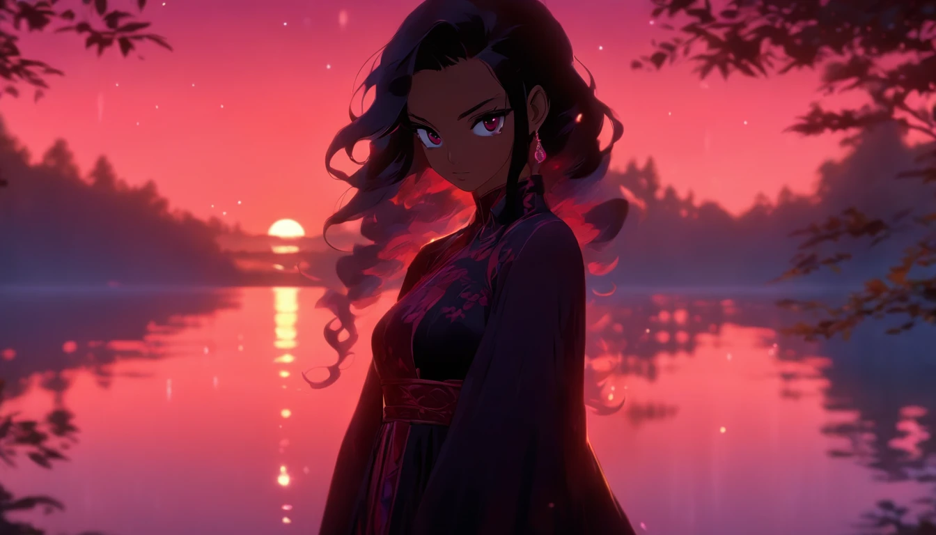 a girl, long black hair, red eyes, brown skin, black gown, ball gown, lake, reflection, forest, magical, sunset, pink sky, absurdres, high res, ultrasharp, 8K, masterpiece, photorealistic, scenic, cinematic lighting, closeup face photograph, niji, looking at viewer, psychedelic