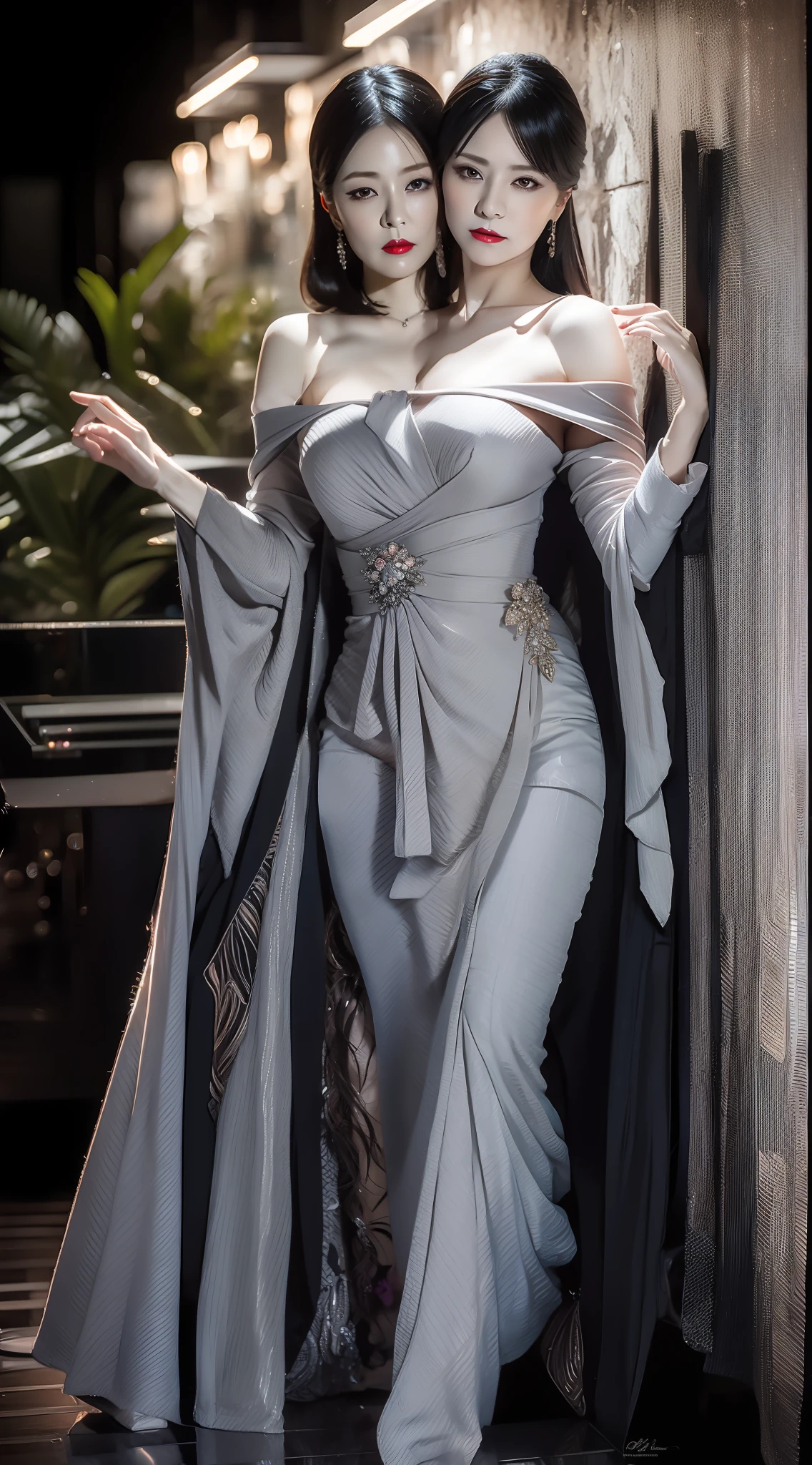 Portraiture、(masterpiece,Highest quality,Ultra-high resolution),Japanese women, (((Very beautiful 25 year old girl))),She is wearing a long-sleeved dress made of shiny satin.、The dress has a simple design without any patterns.、The skirt is mermaid style