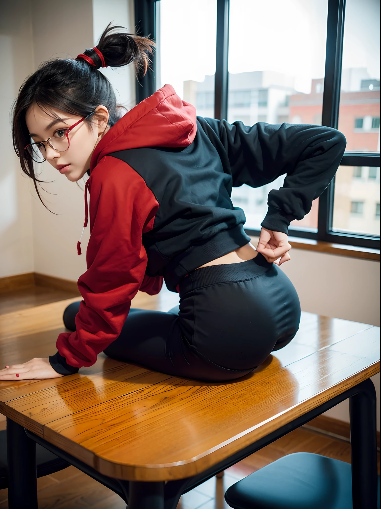 Low ponytail,girls,Place your hands on the table,Black yoga pants,looking at me,Red hooded sweatshirt,ass facing me,eye glass