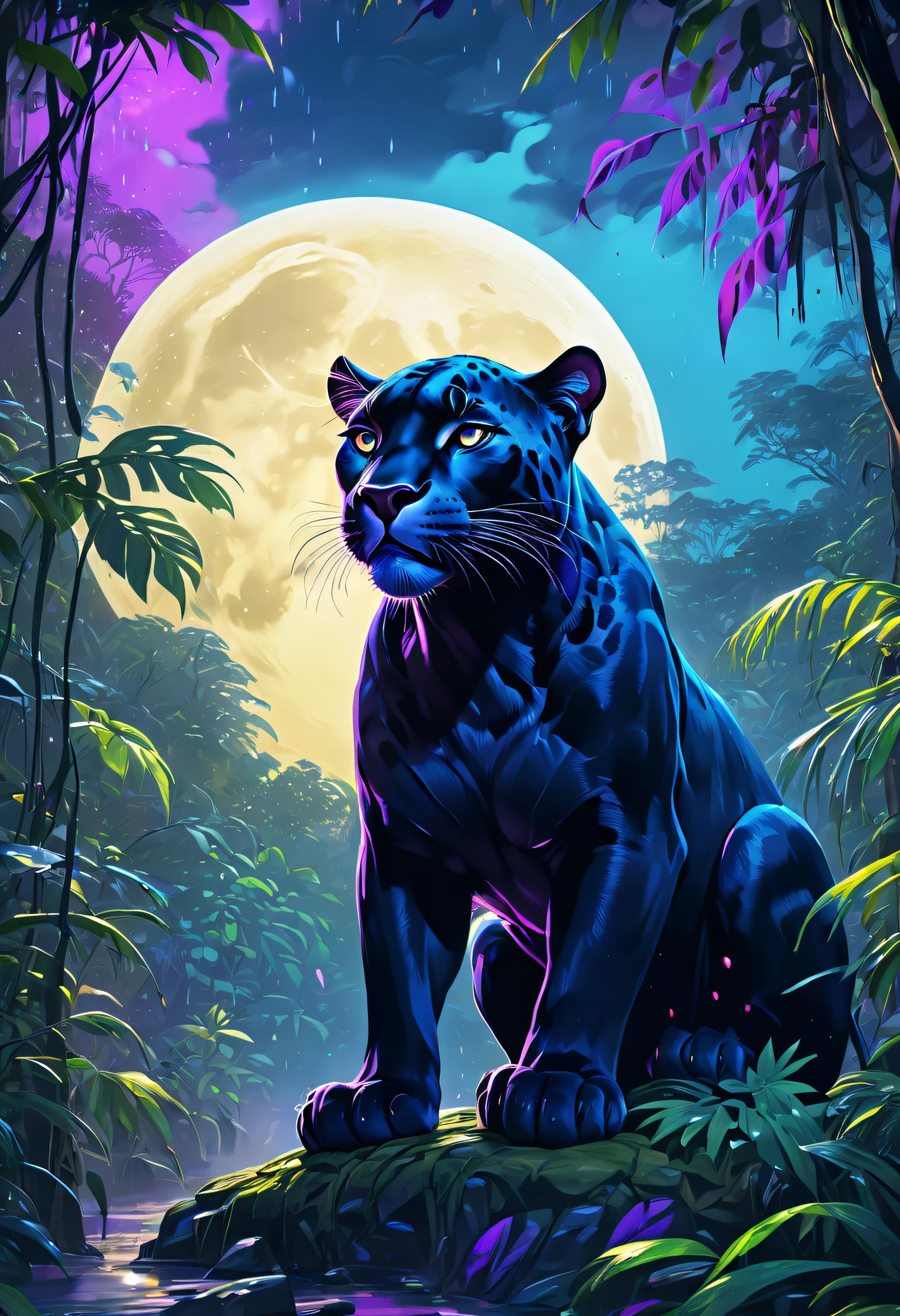 Dream illustration, fairytale-like, Oil painting, 8K, HD, A huge panther roared, Background, downpours, Beautiful lush rainforest, HD, Golden, Light blue, light violet, Moonshine color, full moon, Chilly lighting atmosphere (Digital drawing:1.2), Comic style, ToonYou Style, Illustrative funk, Counterwave graffiti, Perspective view, Extreme Face Close-Up, tee shirt graphic, Ultra HD, Realistic, Vivid colors, Highly detailed, Ultra HD drawing, pen and ink, Perfectcomposition, beautiful detailed intricate insanely detailed octane render trending on artstation, 8K Art Photography, Arte conceptual fotorrealista, soft natural volumetric cinematic perfect light
