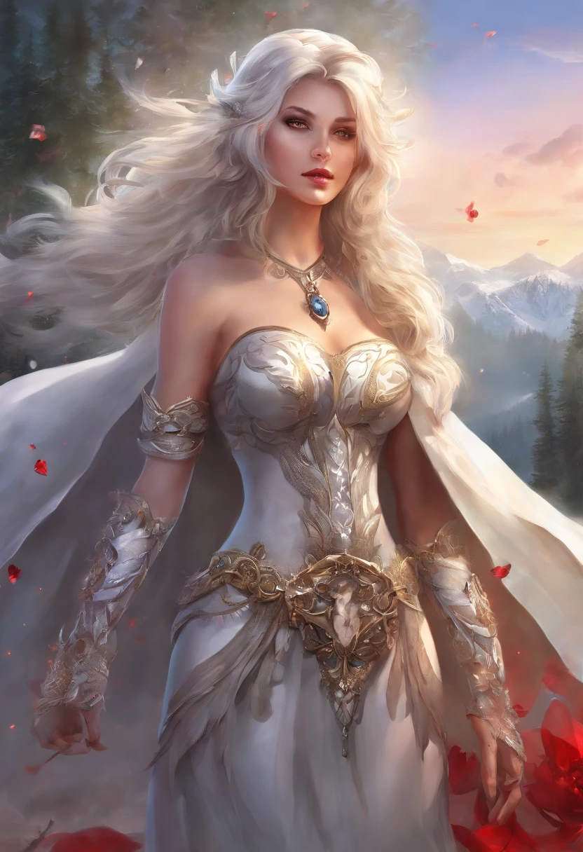 Meisterwerk, best qulaity, high details, she-wolf with white fur, perfekte rosa augen, face, weisse kurze haare, silbernes diadem mit rubin in der mitt auf dem kopf, Black bra, black panties, camel toe, silver staff with a heart gem on top in hand, black cape, a silver belt with a heart gem, red high heels, standing straight upright, snowy forrest in the background