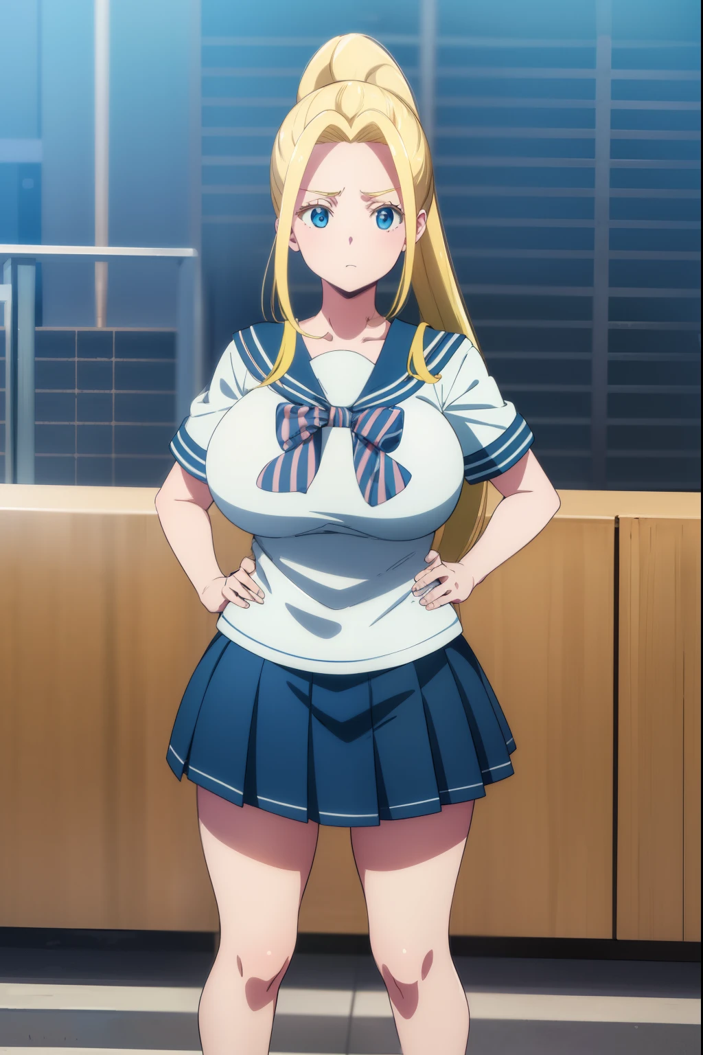 fullbody, huge tits, sailor uniform, beatrixamerhauser, beatrix amerhauser, long hair, blue eyes, blonde hair, ponytail, best quality, high resolution, unity 8k wallpaper, extremely detailed face, perfect lighting, extremely detailed