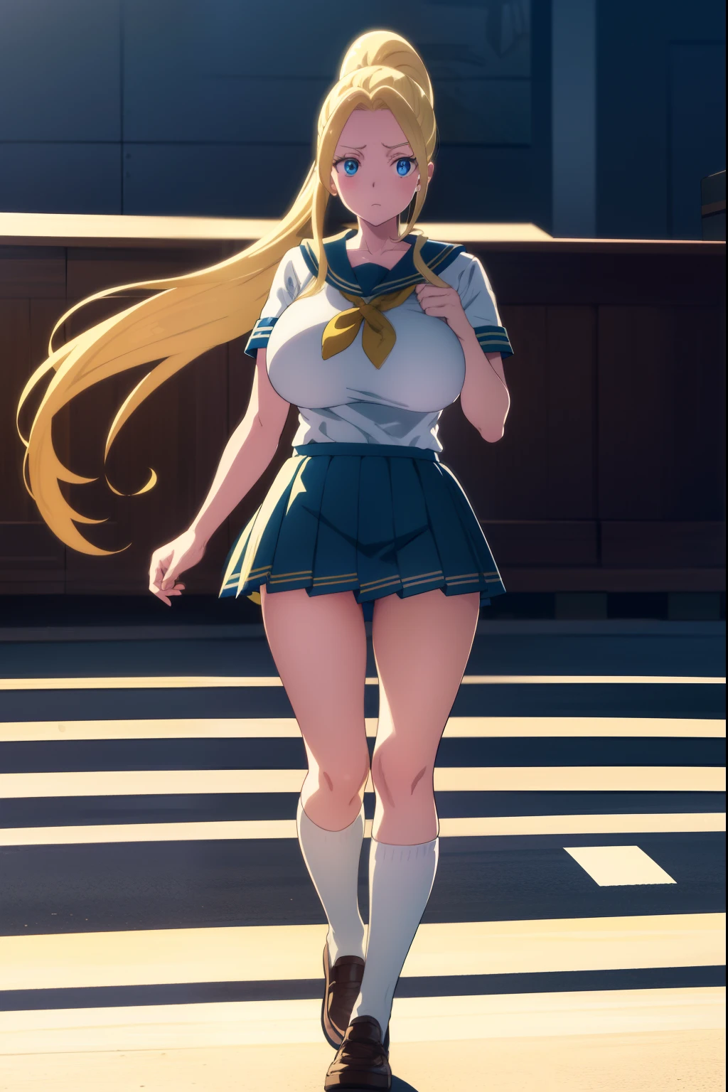 fullbody, huge tits, sailor uniform, beatrixamerhauser, beatrix amerhauser, long hair, blue eyes, blonde hair, ponytail, best quality, high resolution, unity 8k wallpaper, extremely detailed face, perfect lighting, extremely detailed