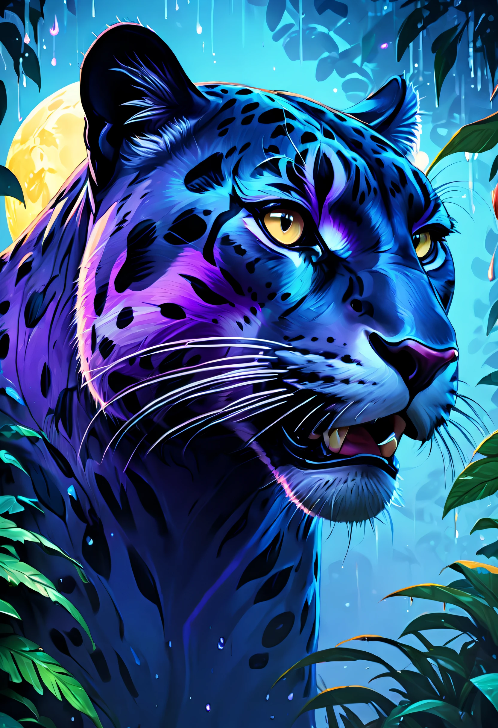 Dream illustration, fairytale-like, Oil painting, 8K, HD, A huge panther roared, Background, downpours, Beautiful lush rainforest, HD, Golden, Light blue, light violet, Moonshine color, full moon, Chilly lighting atmosphere (Digital drawing:1.2), Comic style, ToonYou Style, Illustrative funk, Counterwave graffiti, Perspective view, Extreme Face Close-Up, tee shirt graphic, Ultra HD, Realistic, Vivid colors, Highly detailed, Ultra HD drawing, pen and ink, Perfectcomposition, beautiful detailed intricate insanely detailed octane render trending on artstation, 8K Art Photography, Arte conceptual fotorrealista, soft natural volumetric cinematic perfect light