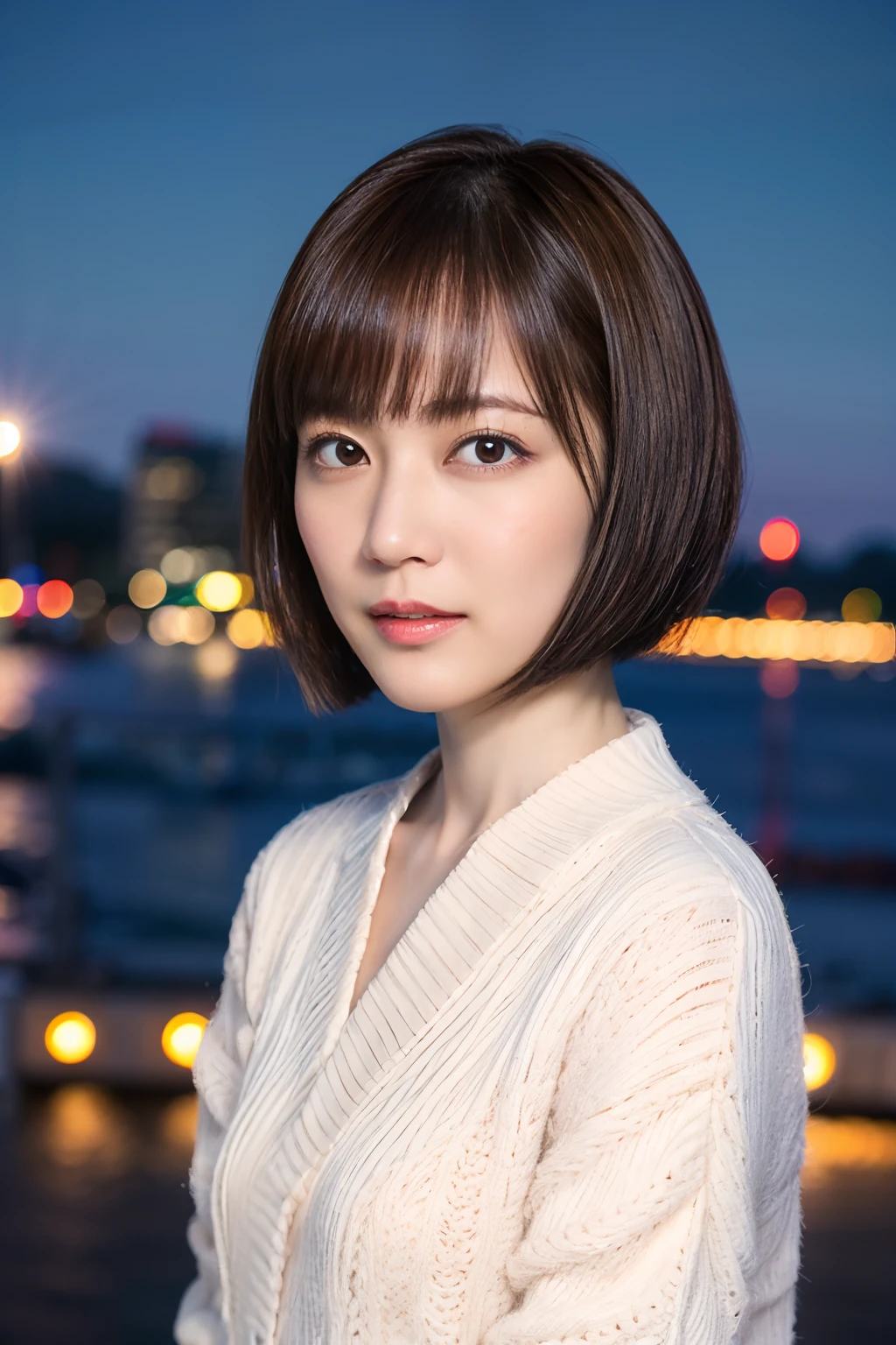 39
(Shorthair:1.23), (a 25yo woman), (A hyper-realistic), (masutepiece), (8KUHD), Being in the harbor at night