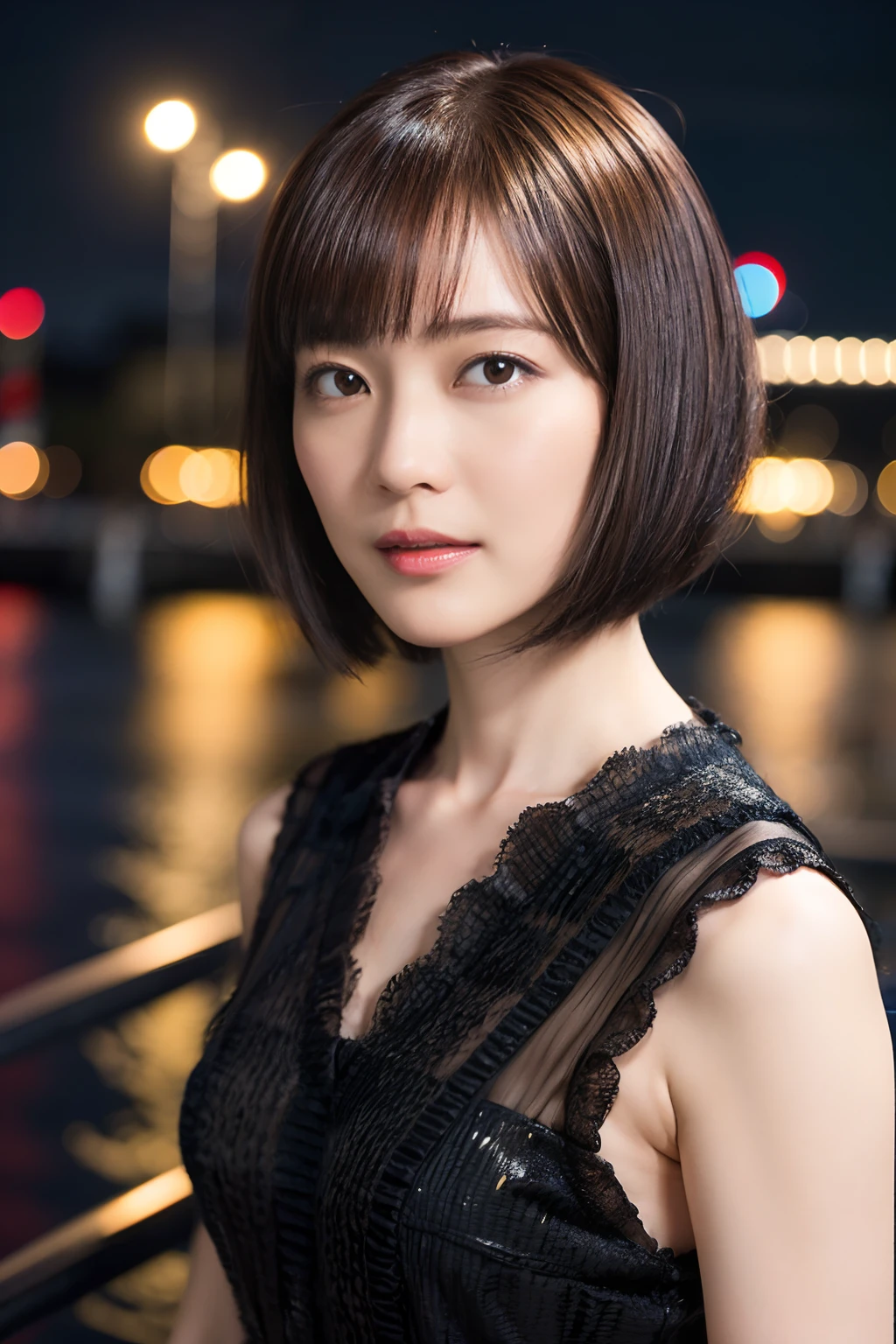 39
(Shorthair:1.23), (a 25yo woman), (A hyper-realistic), (masutepiece), (8KUHD), Being in the harbor at night