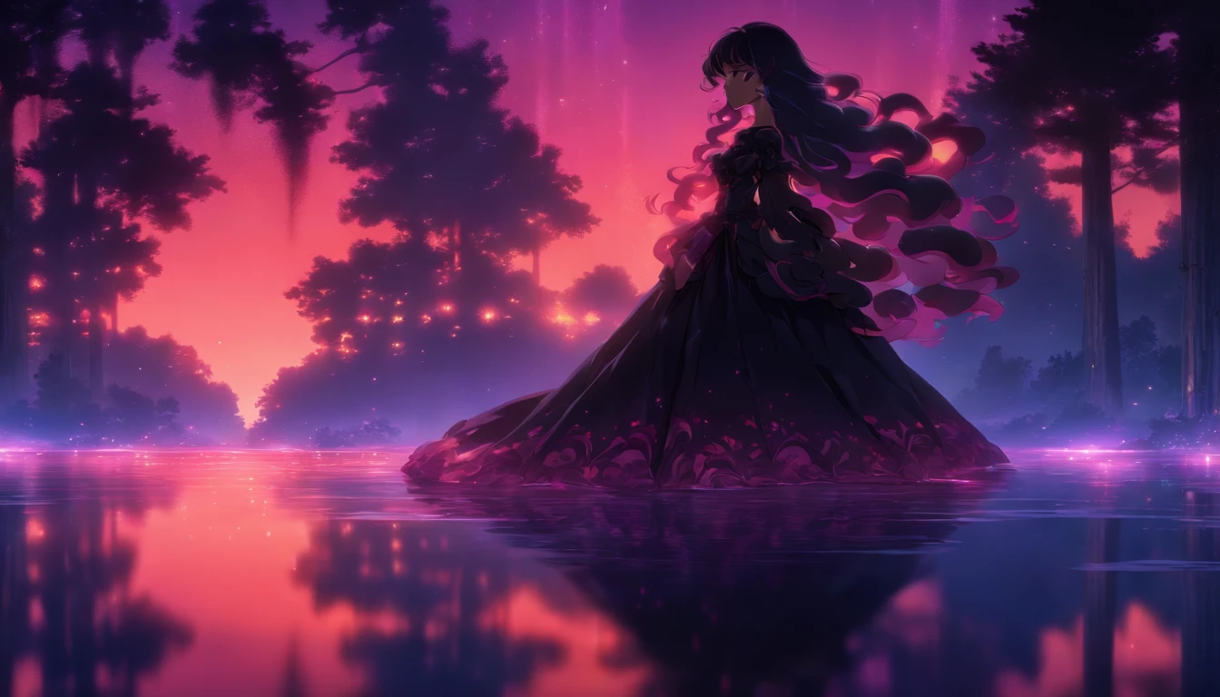 a girl, long curly hair, red eyes, brown skin, black gown, ball gown, lake, reflection, forest, magical, sunset, pink sky, absurdres, high res, ultrasharp, 8K, masterpiece, photorealistic, scenic, cinematic lighting, closeup face photograph, niji, looking at viewer, side view, psychedelic