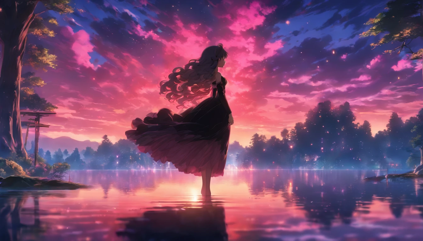 a girl, long curly hair, red eyes, brown skin, black gown, ball gown, lake, reflection, forest, magical, sunset, pink sky, absurdres, high res, ultrasharp, 8K, masterpiece, photorealistic, scenic, cinematic lighting, closeup face photograph, niji, looking at viewer, side view, psychedelic