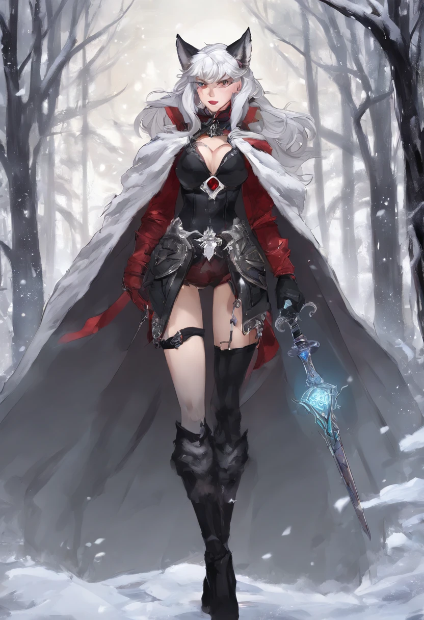 Meisterwerk, best qulaity, high details, she-wolf with white fur, perfekte rosa augen, face, weisse kurze haare, silbernes diadem mit rubin in der mitt auf dem kopf, Black bra, black panties, camel toe, silver staff with a heart gem on top in hand, black cape, a silver belt with a heart gem, red high heels, standing straight upright, snowy forrest in the background