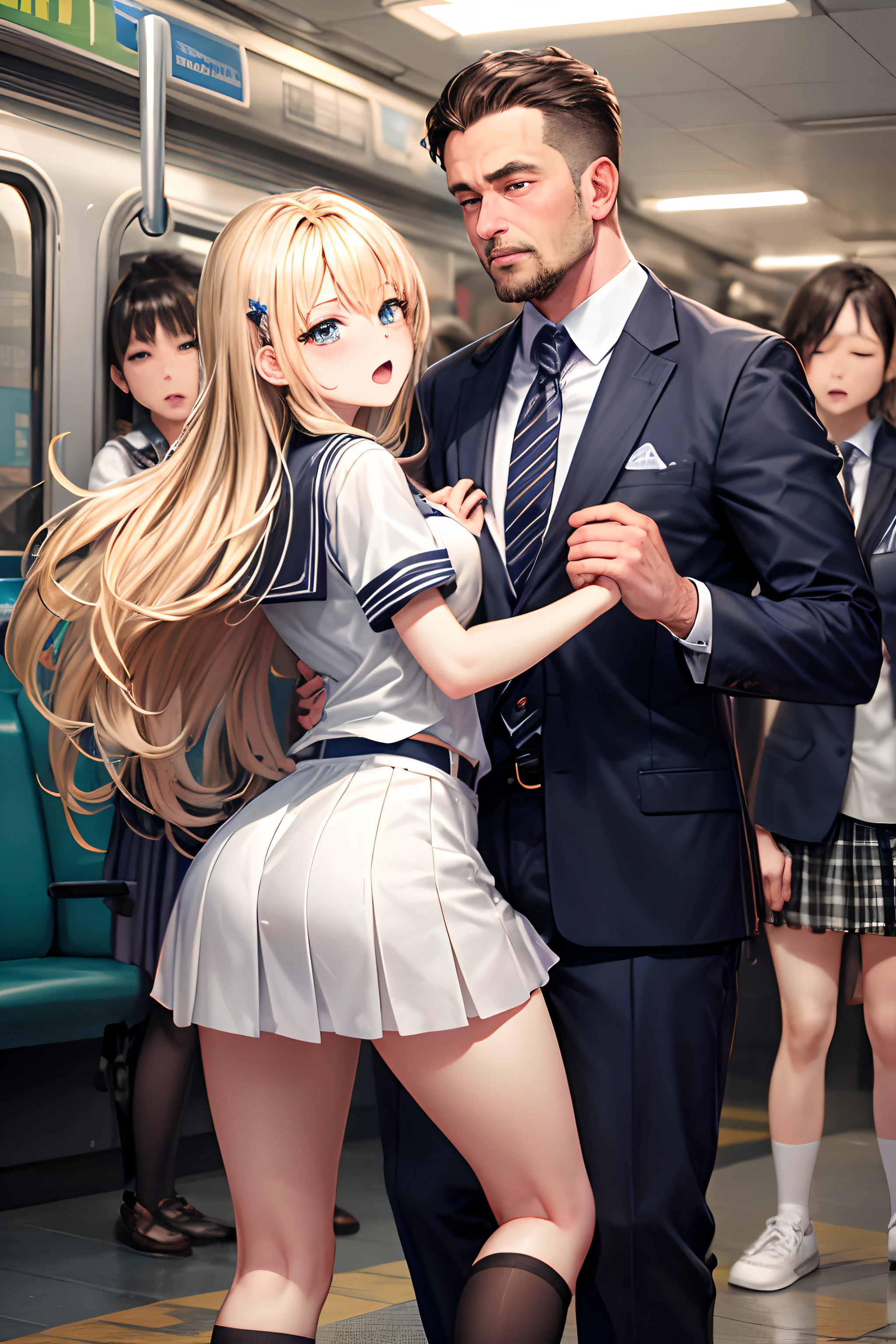 １Man girl、top-quality、超A high resolution、Colossal tits、breastsout、Wavy blonde hair、Picture-perfect face、、Beautiful expression、beauitful face、beautidful eyes、High School Uniforms、Schoolgirl Uniform、a miniskirt、White T-Pack、beauty legs、Subway train interior background、In a crowded train、(Lots of men on the train、Male molesters、Molestation on the train)、(((( Man standing behind schoolgirl、A man lifts a skirt from behind a schoolgirl、A man grabs a schoolgirl buttocks from behind、A man grabs a schoolgirl's chest from behind、Touching the chest))))、(insertion(SEX)　、Ejaculation on the body、Massive ejaculation)、fear expression、blushed face、