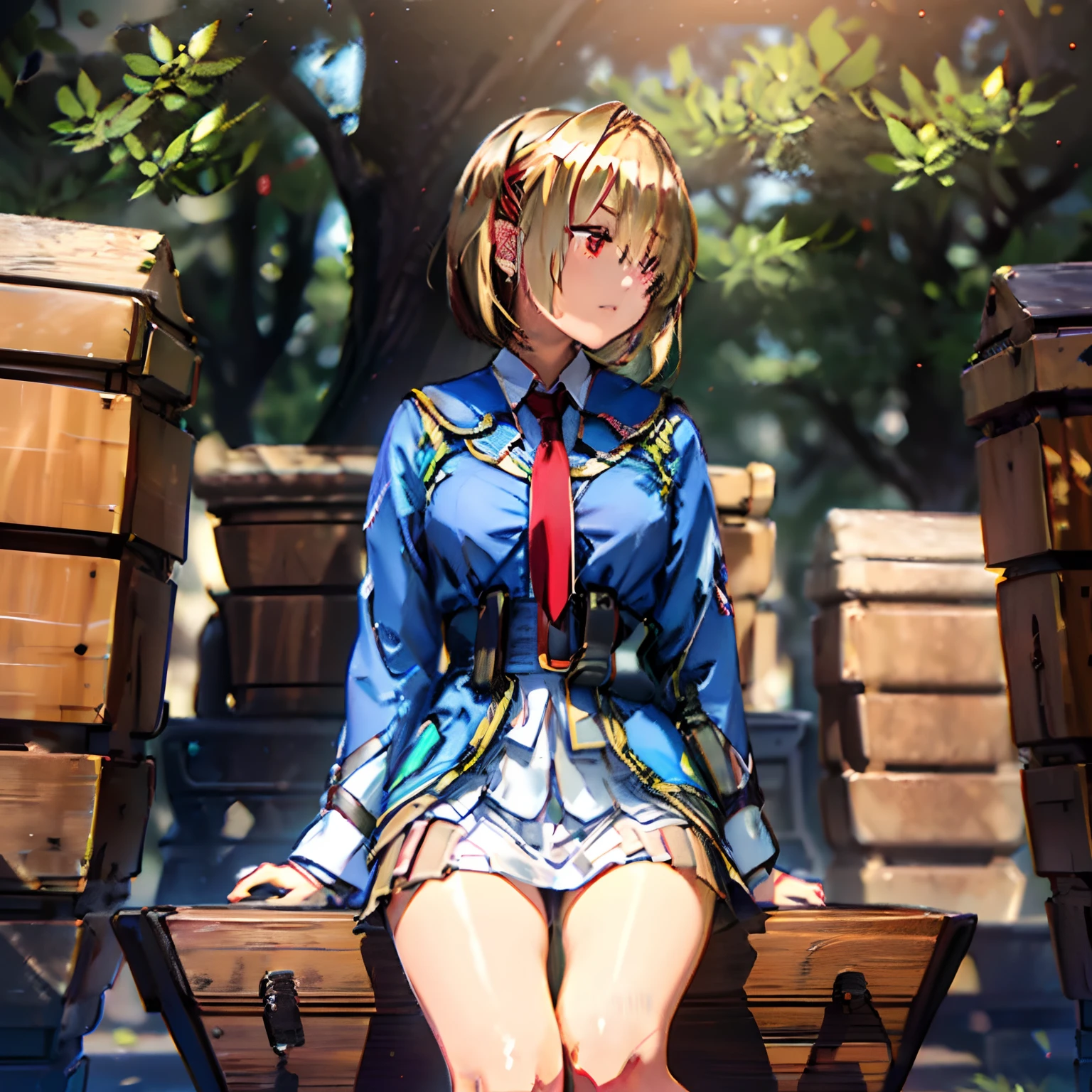 girl with, (((length hair))), sitting on, sideshot, (Skysky:1.3), (masterpiece, top-quality, Near and far law, depth of fields:1.5), florals, the woods, beautiful countenance, thighs thighs thighs thighs, frombelow, 8K, Raw foto, absurderes, Impresionismo, nffsw, Photorealsitic, film grains, chromatic abberation, hight resolution, ultra-detailliert, finely detail, 动态照明, Dramatic Lighting、shadowy、Sharp Focus、extremely detailed eye and face、Sharp pupils、Realistic pupils、a blond、red eyes