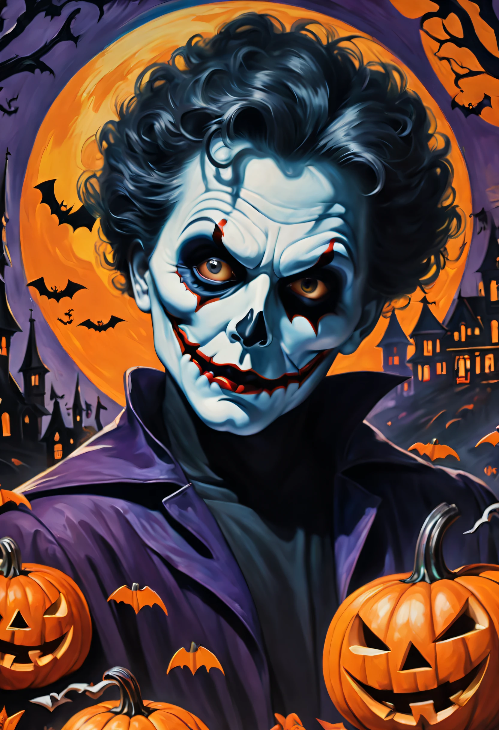 Colorful paintings by Frankstein, Close-up, Halloween-themed aesthetics, Nicholas Samori style,Composition in the play,filmposter,8K