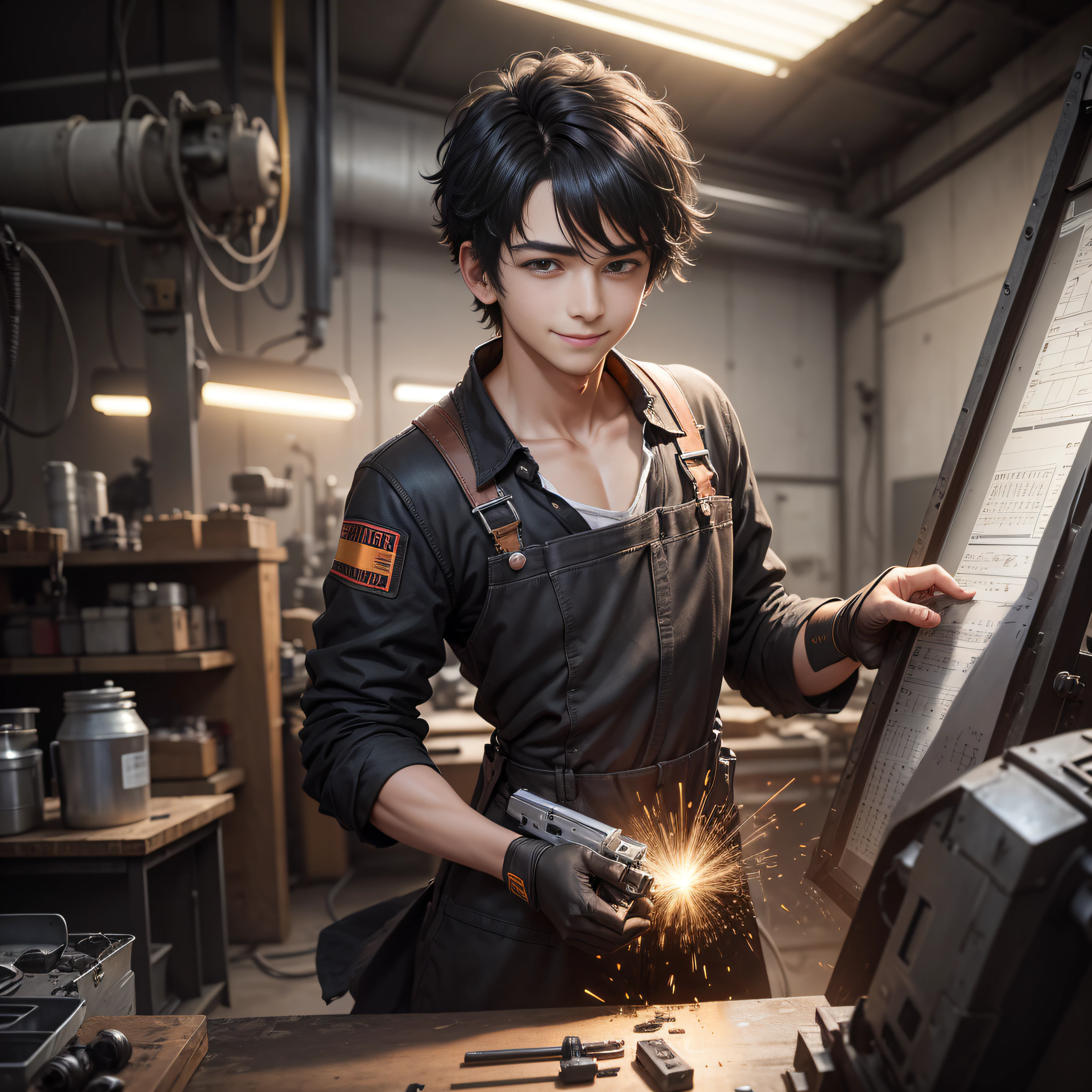 Absurd resolution, High resolution, (masutepiece: 1.4), Hyper-detailing, Messy short black hair of a young man, Dress-up welding machine, Answer a call (1.2), Happy expression, Factory High-tech Workbench, TechSense Screen --auto