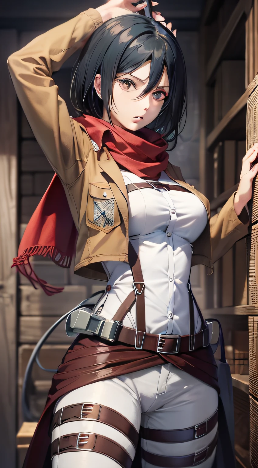 aot style, shingeki no kyojin,

mikasa ackerman,

1girl, arm strap, bangs, black hair, black pants, breasts, cowboy shot, embers, green eyes, grey background, hair between eyes, harness, long sleeves, looking at viewer, medium breasts, pants, red scarf, scarf, shirt, short hair, smoke, solo, thigh strap,  brown jacket, white shirt, survey corps \(emblem\)

, ((masterpiece)), best quality
,