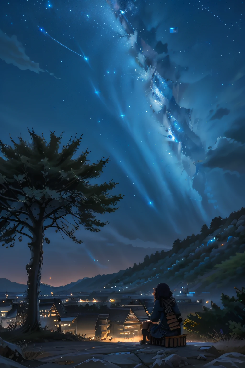 Octanes, The sky, Star (The sky), scenery, a starry sky, the night, 1 girl, night sky, 独奏, plein air, signature, building, Cloud, the Milky Way, seat, a tree, longye hair, The city, silhouette, Cityscape