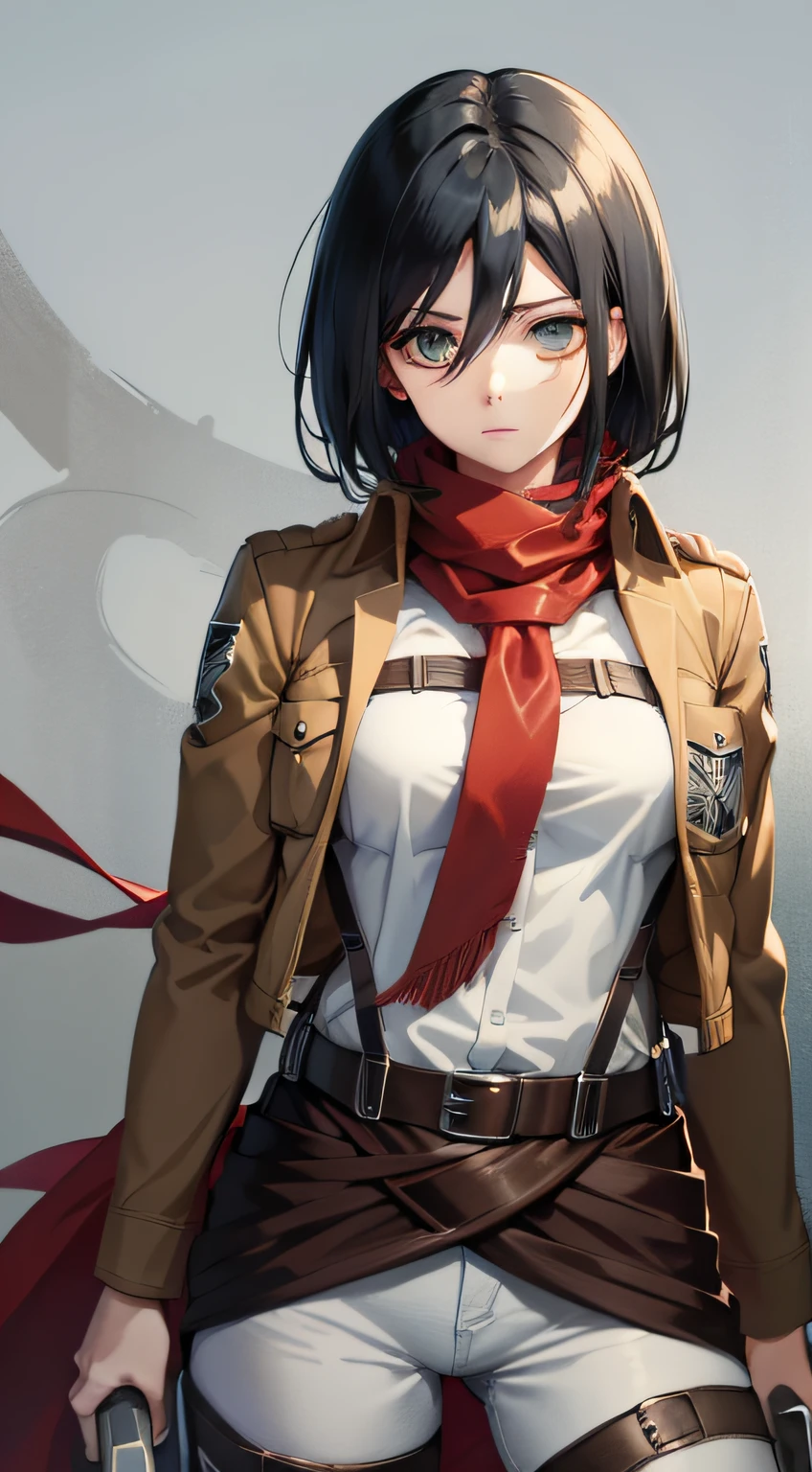 aot style, shingeki no kyojin,
mikasa ackerman,
1girl, arm strap, bangs, black hair, black pants, breasts, cowboy shot, embers, green eyes, grey background, hair between eyes, harness, long sleeves, looking at viewer, medium breasts, pants, red scarf, scarf, shirt, short hair, smoke, solo, thigh strap, brown jacket, white shirt, survey corps \(emblem\)
, ((masterpiece)), best quality
,