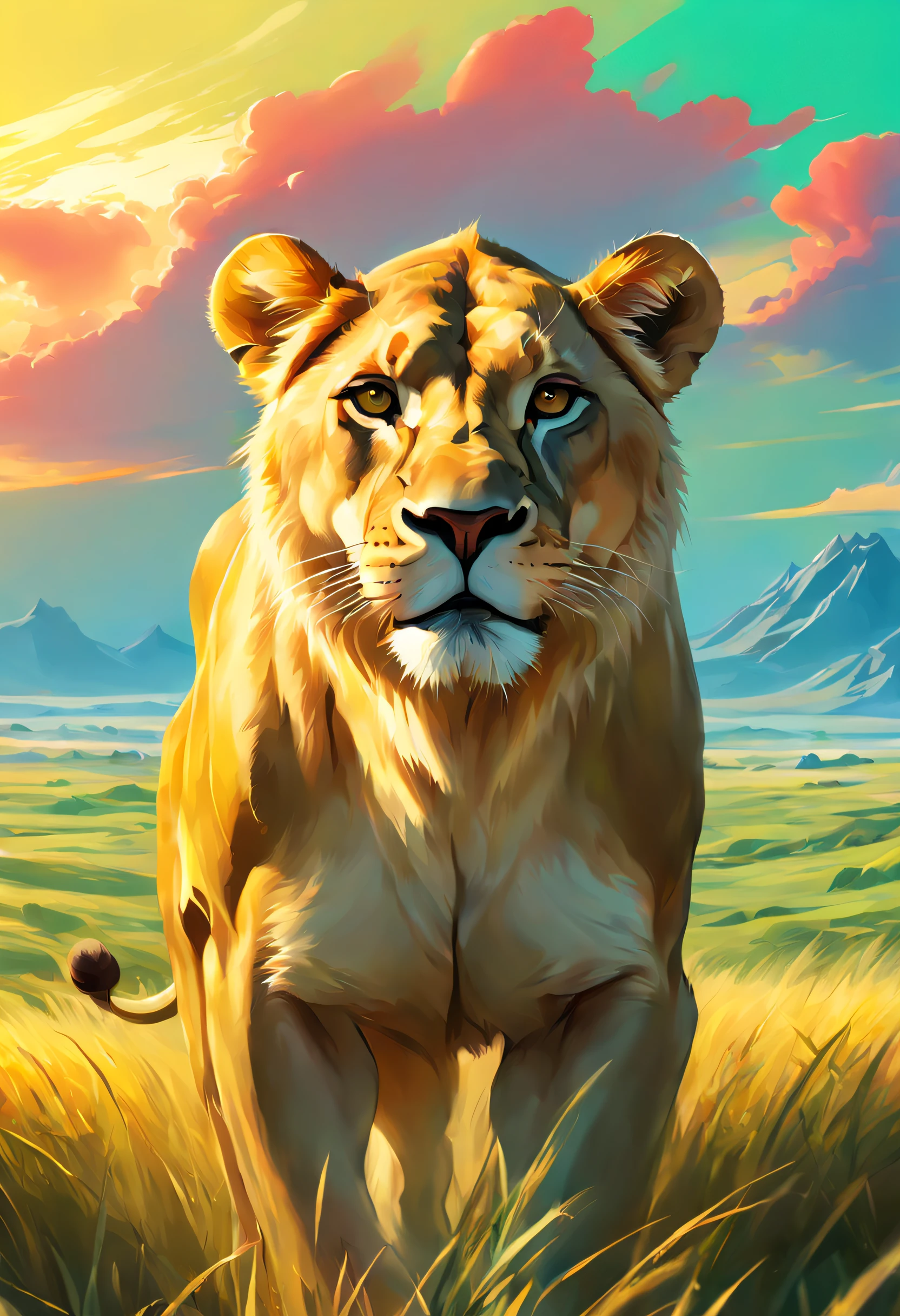 Dream illustration, fairytale-like, Oil painting, 8K，k hd, A large lioness roared, Background, Beautiful steppe plains, HD, Golden, Light yellow, Light blue-green, carmine, verde claro, sunrise colors, Golden glow atmosphere (Digital drawing:1.2), Comic style, ToonYou Style, Illustrative funk, Counterwave graffiti, Perspective view, Extreme Face Close-Up, tee shirt graphic, Ultra HD, Realistic, Vivid colors, Highly detailed, Ultra HD drawing, pen and ink, Perfectcomposition, beautiful detailed intricate insanely detailed octane render trending on artstation, 8K art photography, Arte conceptual fotorrealista, soft natural volumetric cinematic perfect light