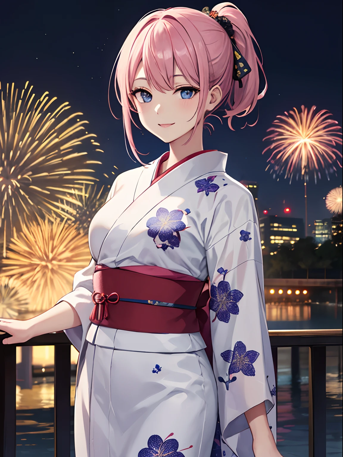 masterpiece:1.2, best quality, ((ultra detailed)), high resolution, 2d, anime style , photo, photography, detailed background, ((pink hair,medium hair,low ponytail,medium breasts)) BREAK solo,(droopy eyes:1.3),fourty years old, (sexy woman, tall face, tall female)), ((slender blue eyes;1.2)), BREAK floral printed kimono,yukata, Bon festival, Summer festival, smile, Row of stalls, way home, night, firework,background BREAK pastel colors:1.4, solid paint:1.2, saturated color, contour