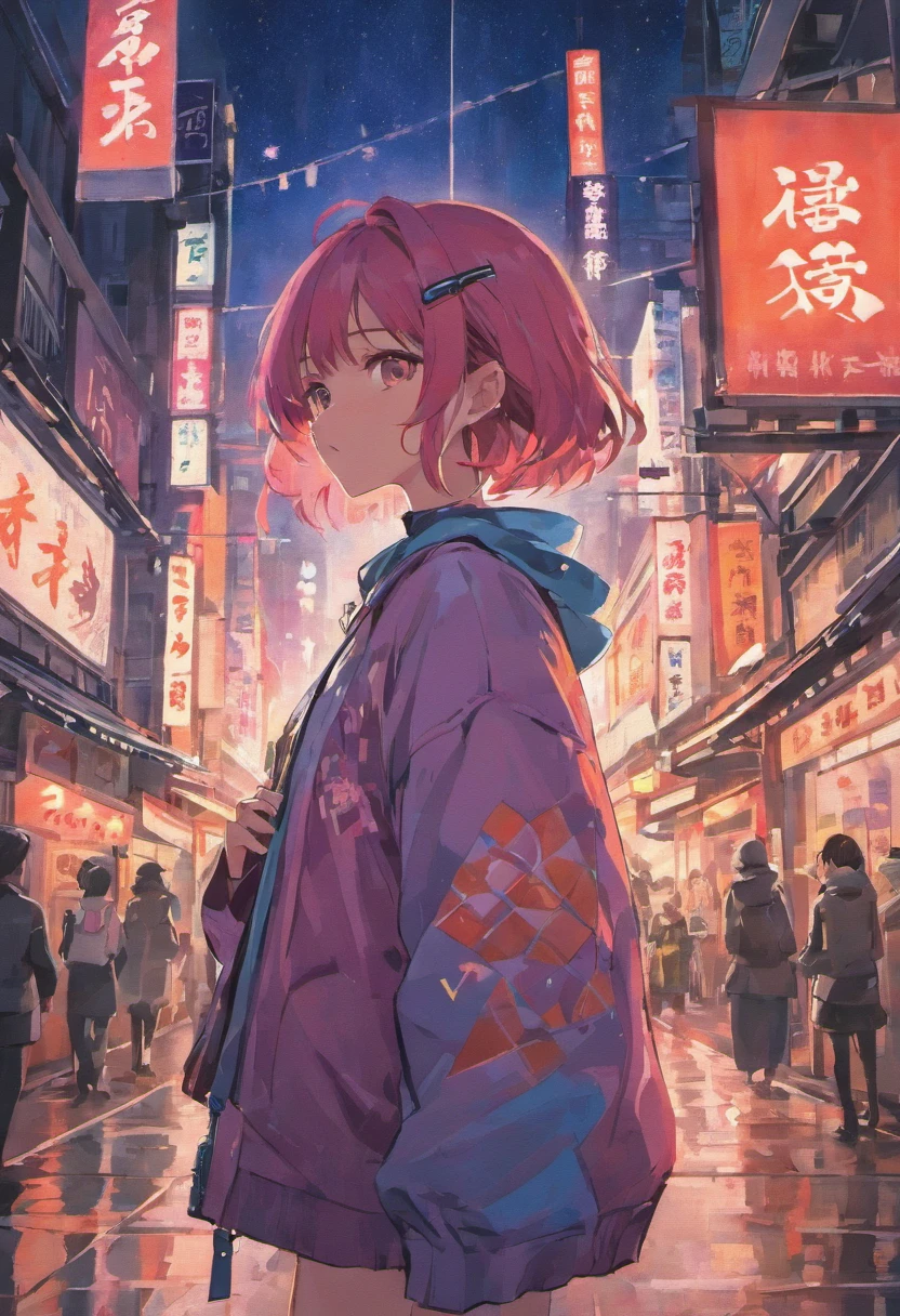 Set the scene on a cool urban night stage in a Japan city. The cityscape is full of life、Must be vibrant, Neon lights and skyscrapers on display. In the foreground, Featuring a girl with direct gaze, Make sure her eyes are focused straight ahead. She's wearing a hat and、should have a short haircut. The style of the illustration is、It should be similar to what is often seen in Japan manga, Please make the style of the heroine who appears in the Japan boys' manga. Heavily influenced by intricate details and Japan subcultures. Make your images rich and vibrant, Highlight colorful city lights and girl costumes. The overall image is、You must be strongly influenced by the subculture of the Japan, Street fashion, or an iconic landmark in the background.