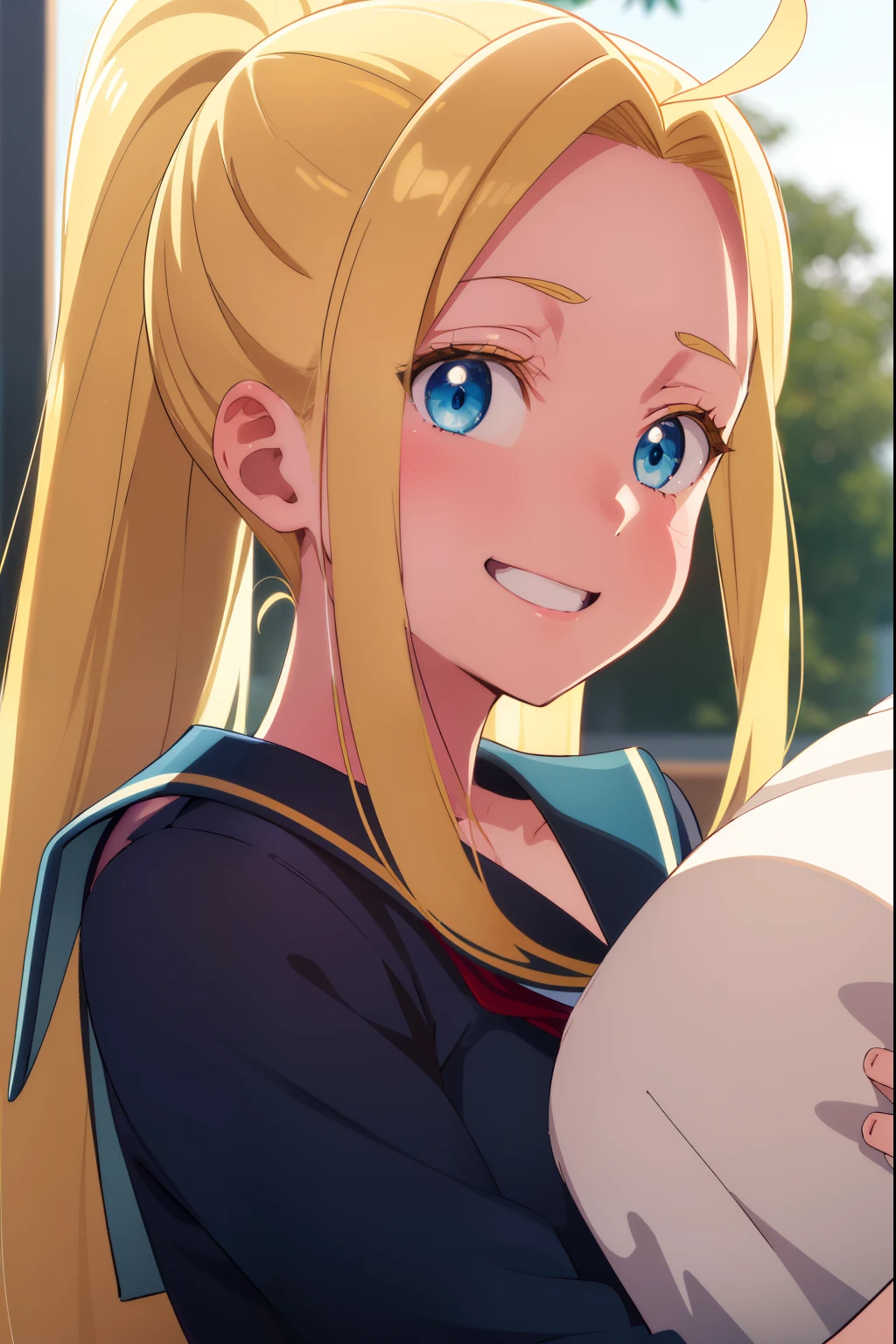 fullbody, huge tits, sailor uniform, smile, beatrix amerhauser, long hair, blue eyes, blonde hair, ponytail, best quality, high resolution, unity 8k wallpaper, extremely detailed face, perfect lighting, extremely detailed