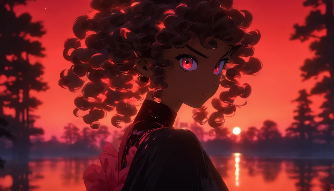 a girl, long curly hair, red eyes, brown skin, black gown, ball gown, lake, reflection, forest, magical, sunset, pink sky, absurdres, high res, ultrasharp, 8K, masterpiece, photorealistic, scenic, cinematic lighting, closeup photography, niji, looking at viewer, full face, psychedelic