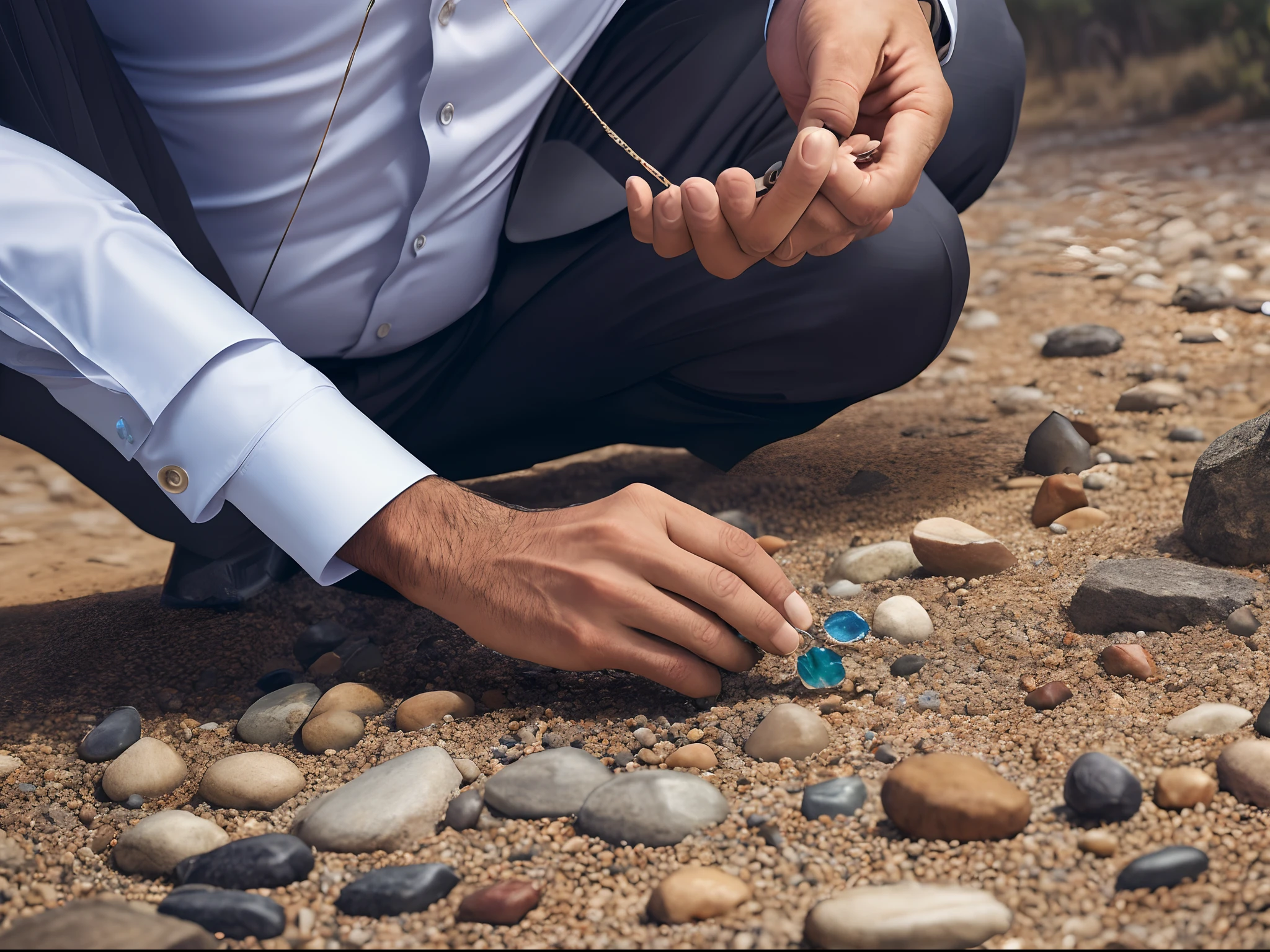 An executive man exploring gemstones pulling some samples from the ground for evaluation, stone floor, Surrealism, UHD, retina, masterpiece, ccurate, anatomically correct, textured skin, super detail, high details, high quality, award winning, best quality, highres, 4K --auto
